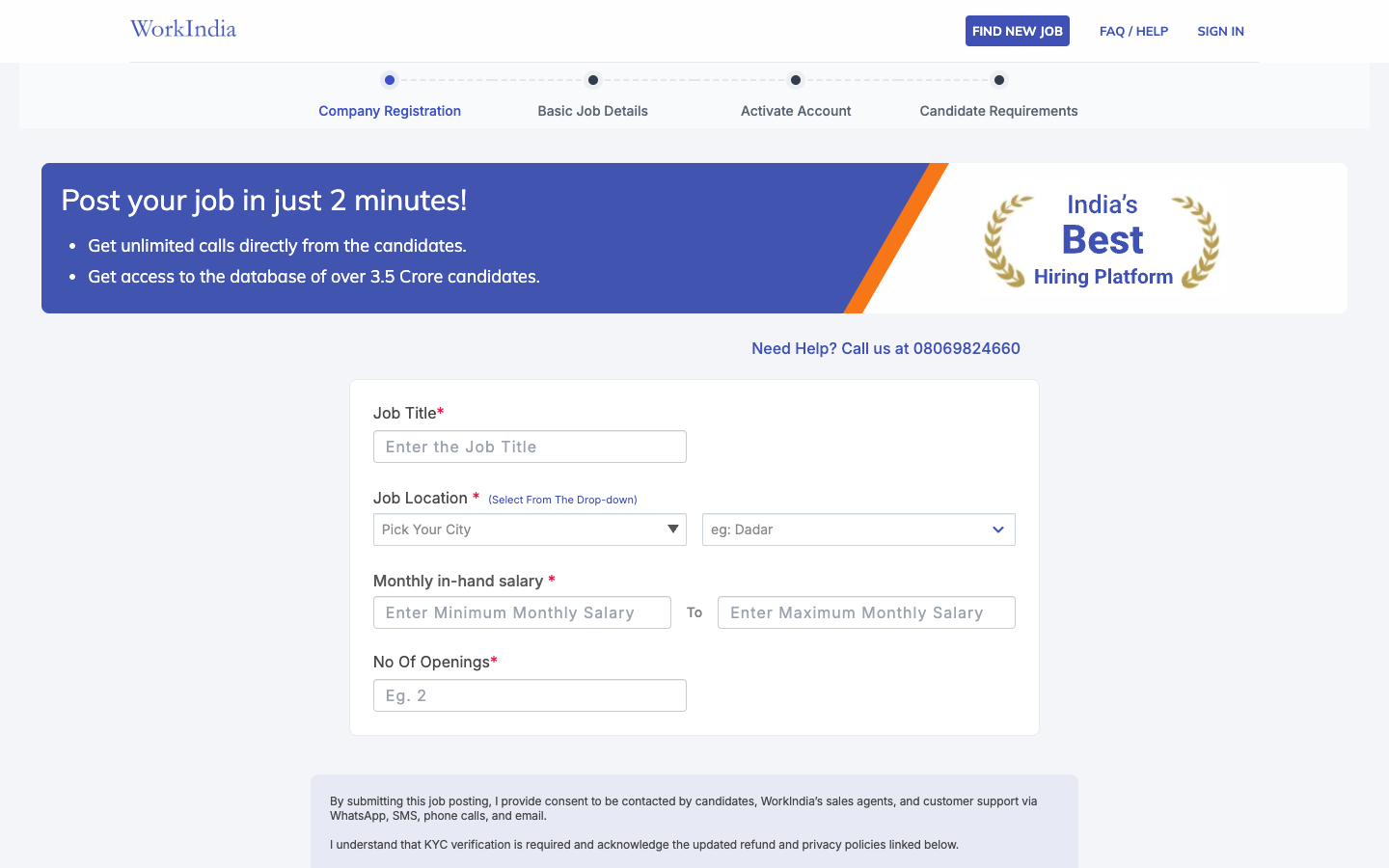 WorkIndia employer page for posting jobs and hiring local staff