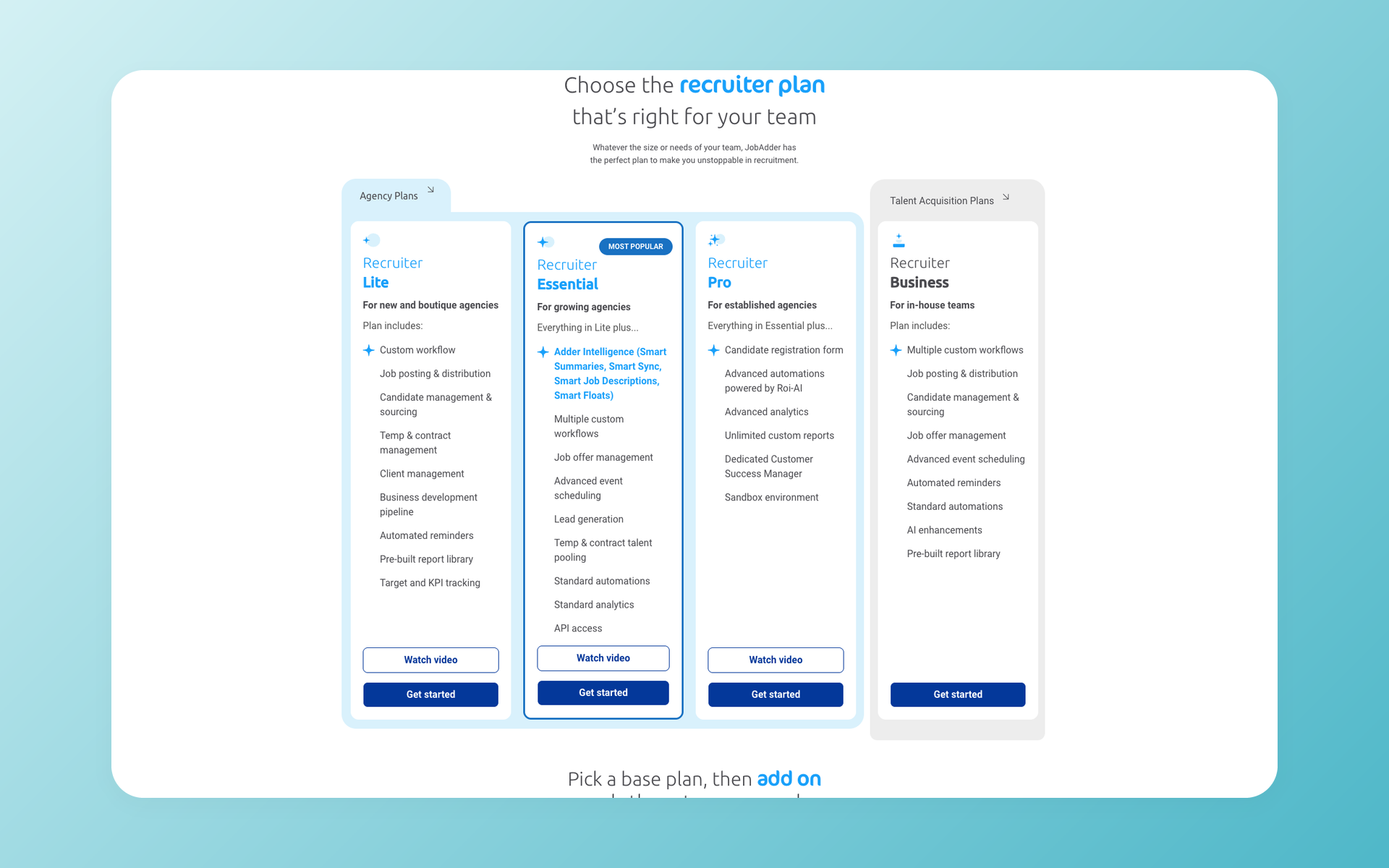 JobAdder Recruiter Lite, Essential, Pro, and Business plans without public dollar prices