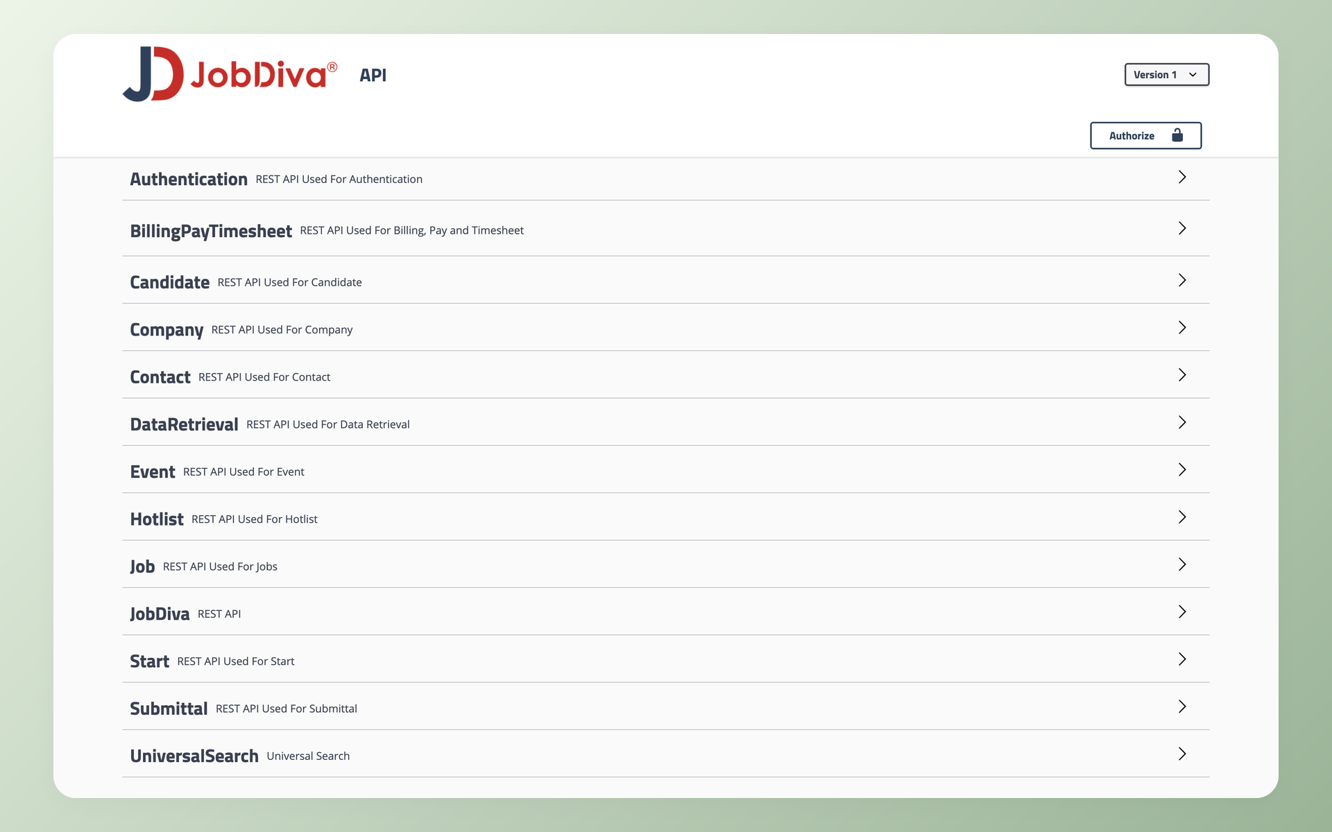 JobDiva API documentation page showing the public Swagger UI with Version 1 endpoint groups
