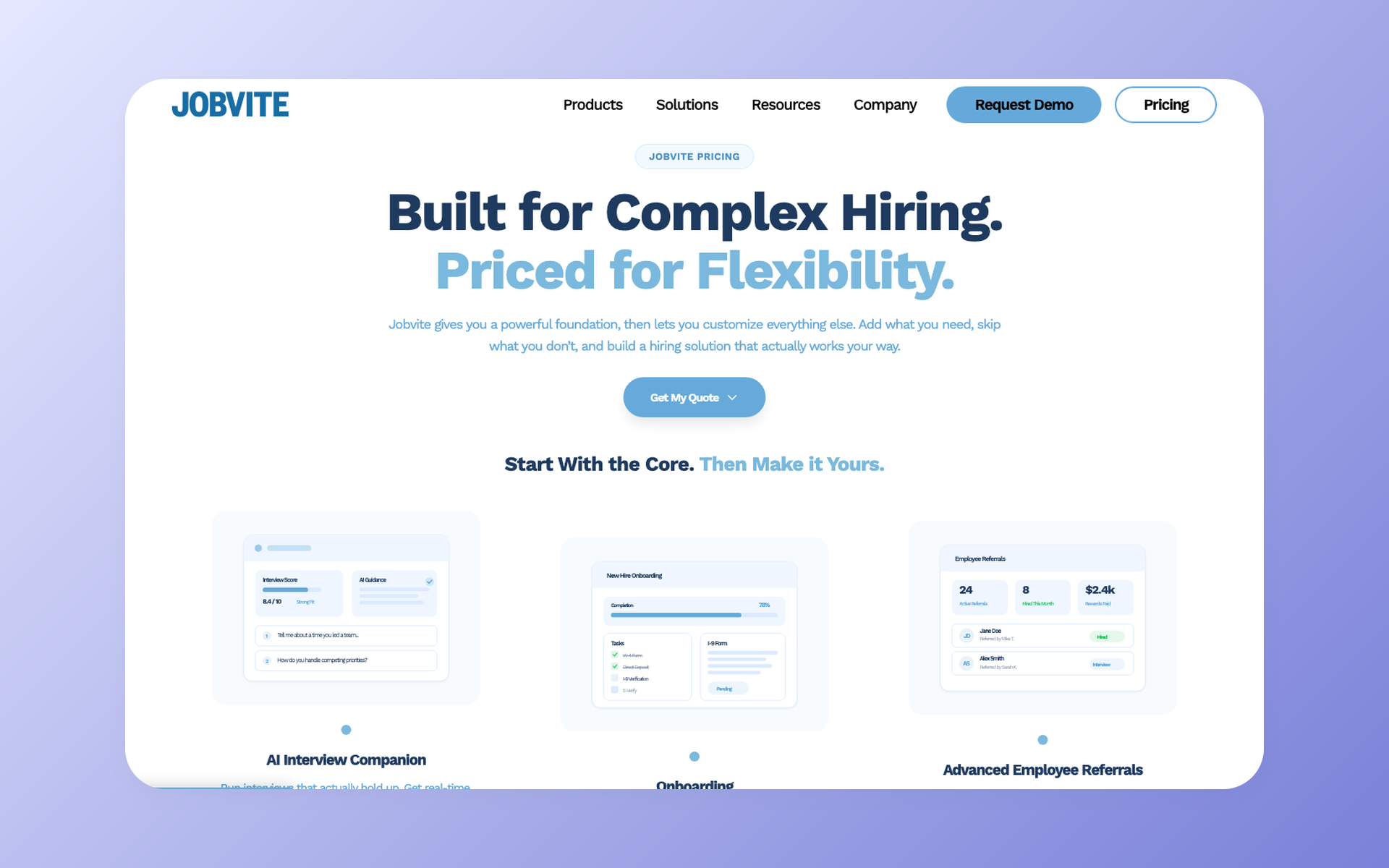 Jobvite pricing page showing its custom modular quote model