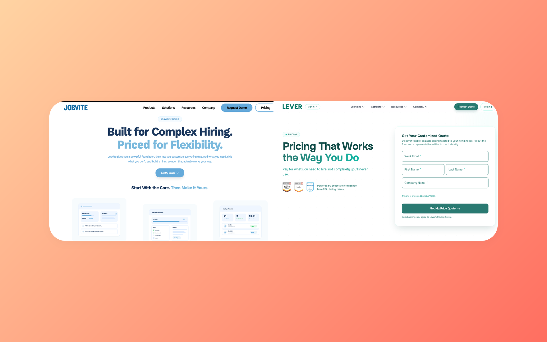 Jobvite and Lever pricing pages showing custom quote options
