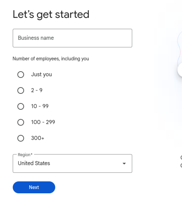 Google Workspace signup, first step
