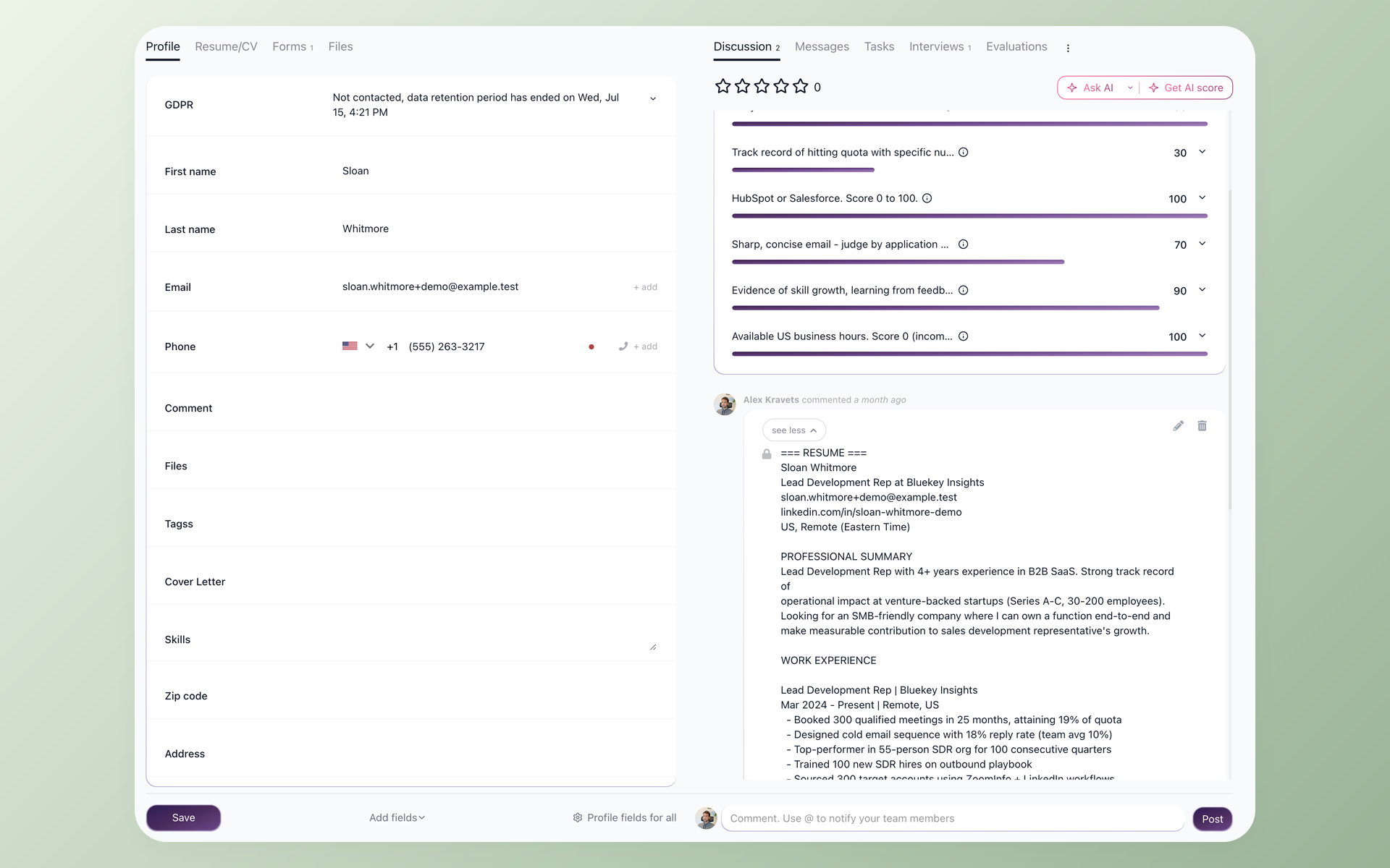 100Hires candidate record showing resume, questionnaire answers, and discussion notes in one view