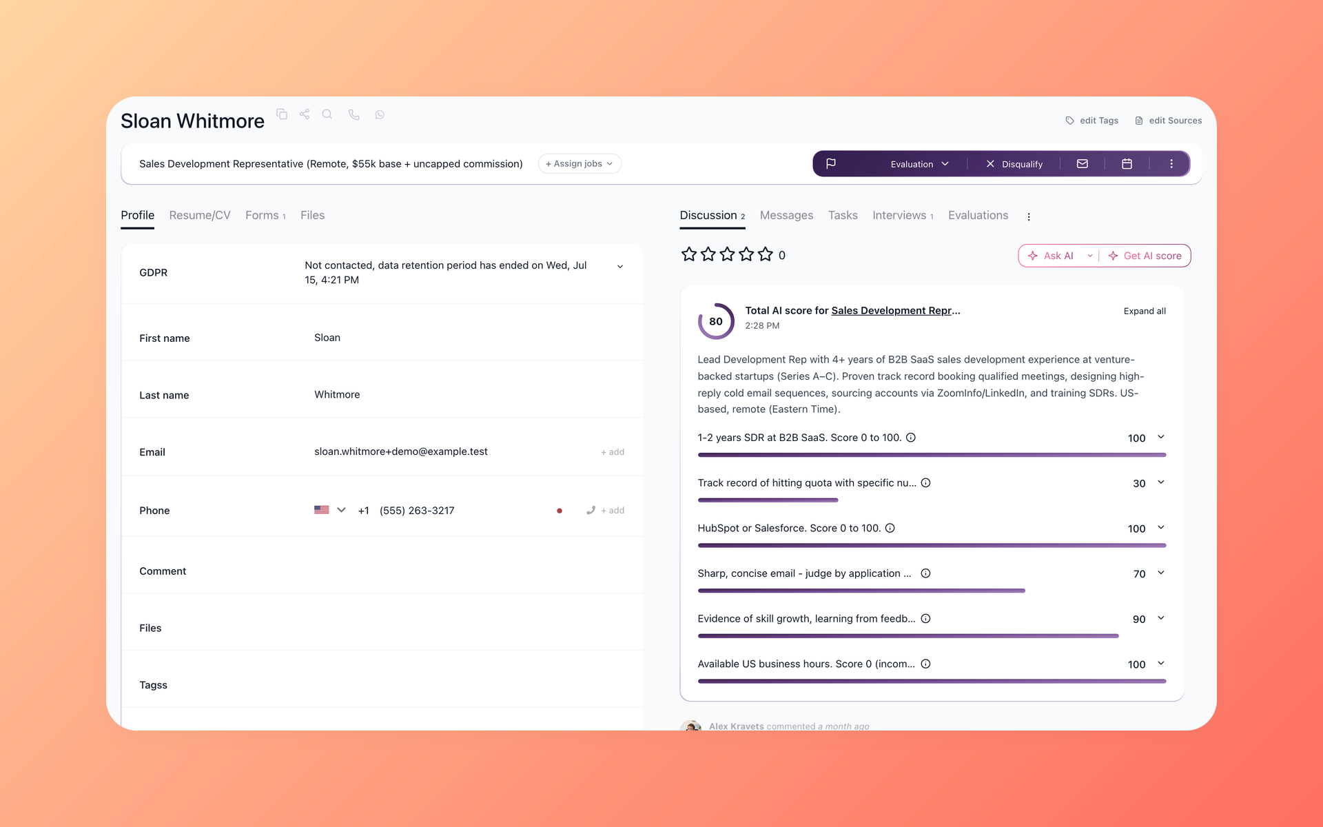 100Hires candidate profile with AI Score total and per-criterion results