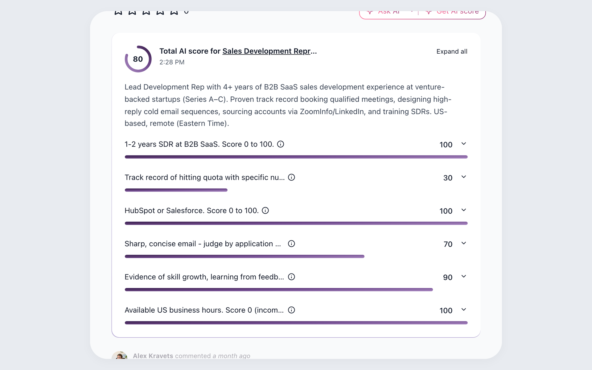 100Hires candidate matching: AI Score result card with a per-criterion score breakdown