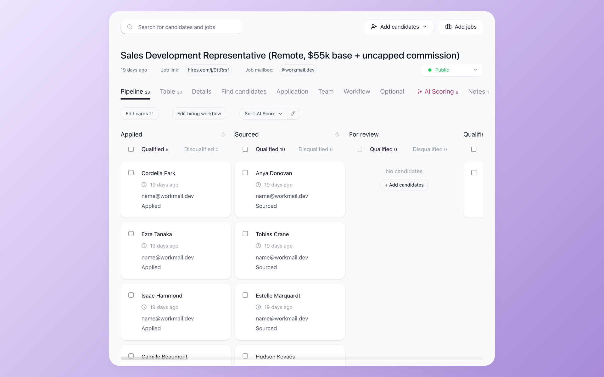 100Hires pipeline view with candidates sorted by AI Score