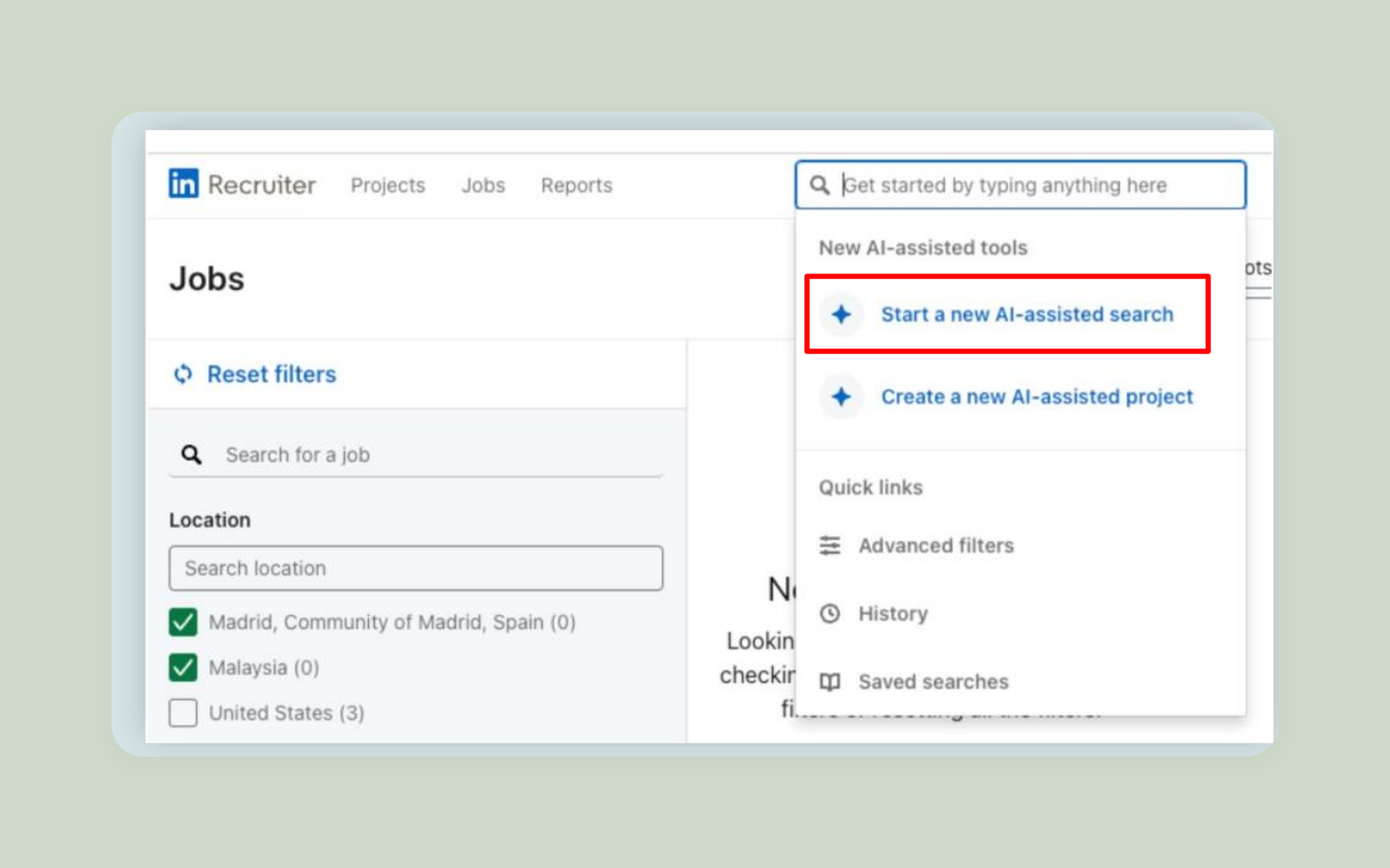 LinkedIn Recruiter AI-assisted search workflow screenshot