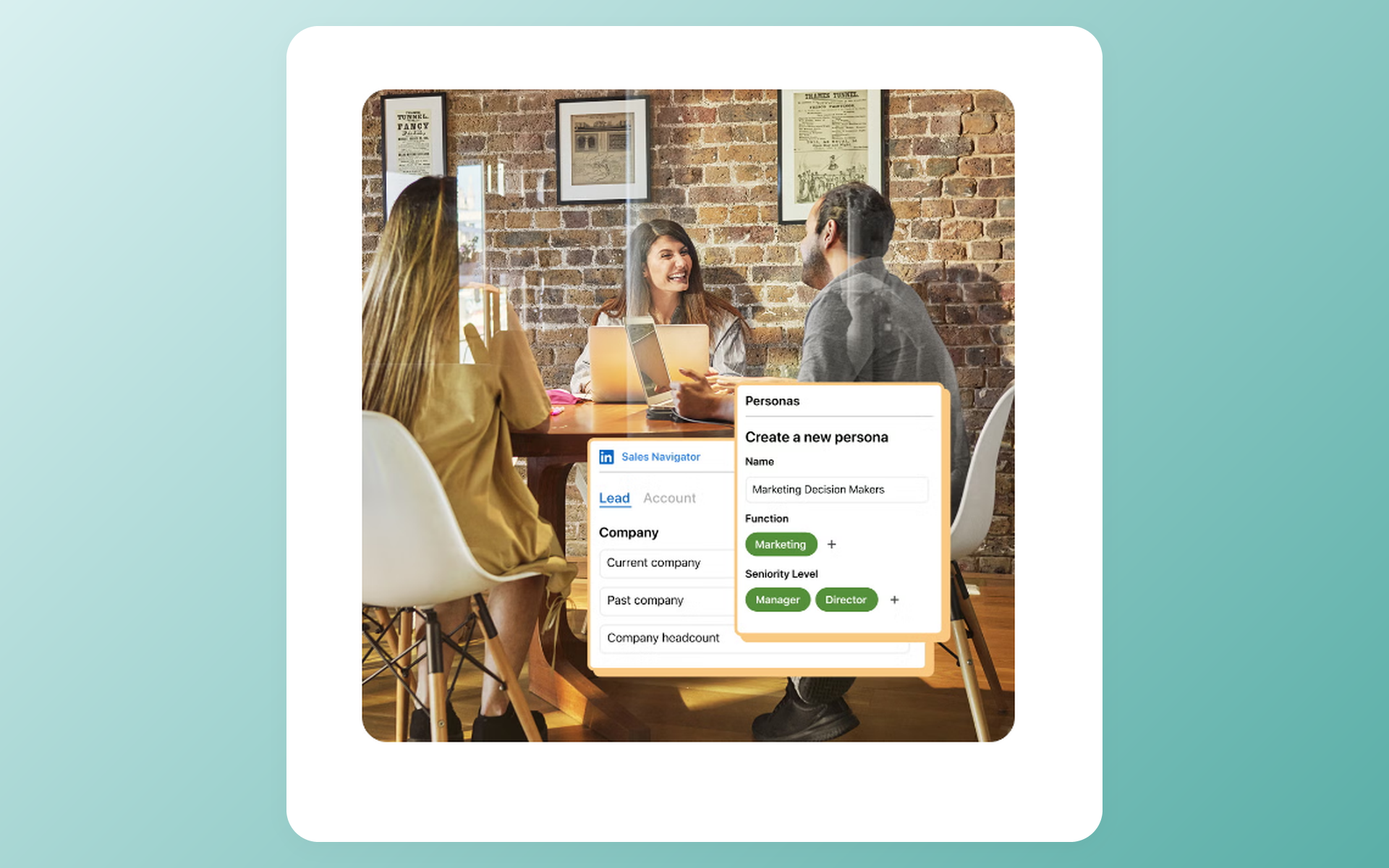 LinkedIn Sales Navigator Lead and Account tabs with company and persona controls