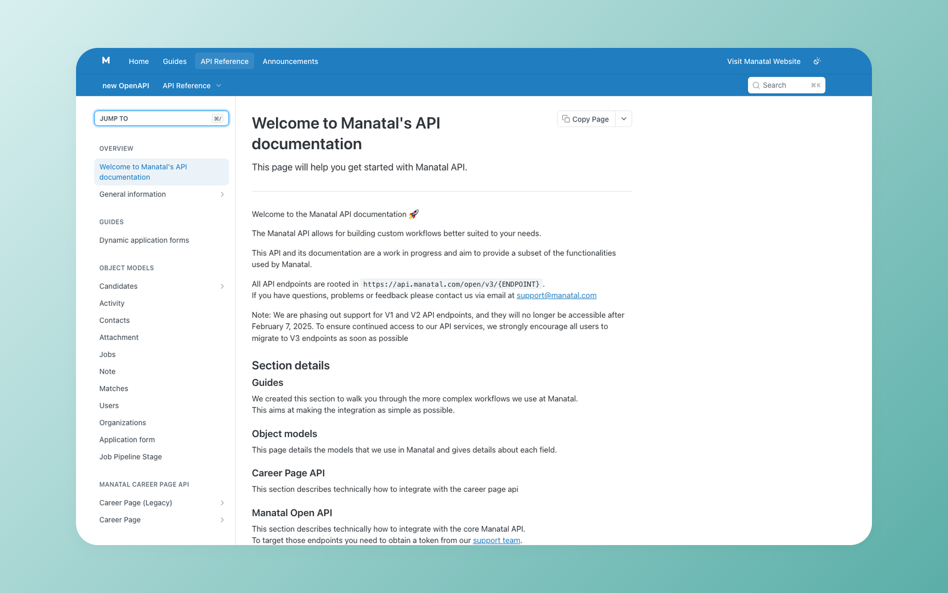 Manatal API Reference showing the V3 base URL, candidate object models, and Open API documentation