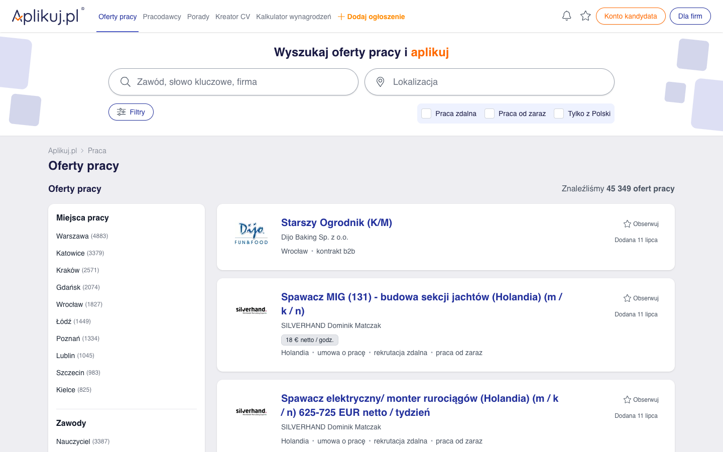 Aplikuj.pl job listings page with search fields, location filter, and recent vacancies