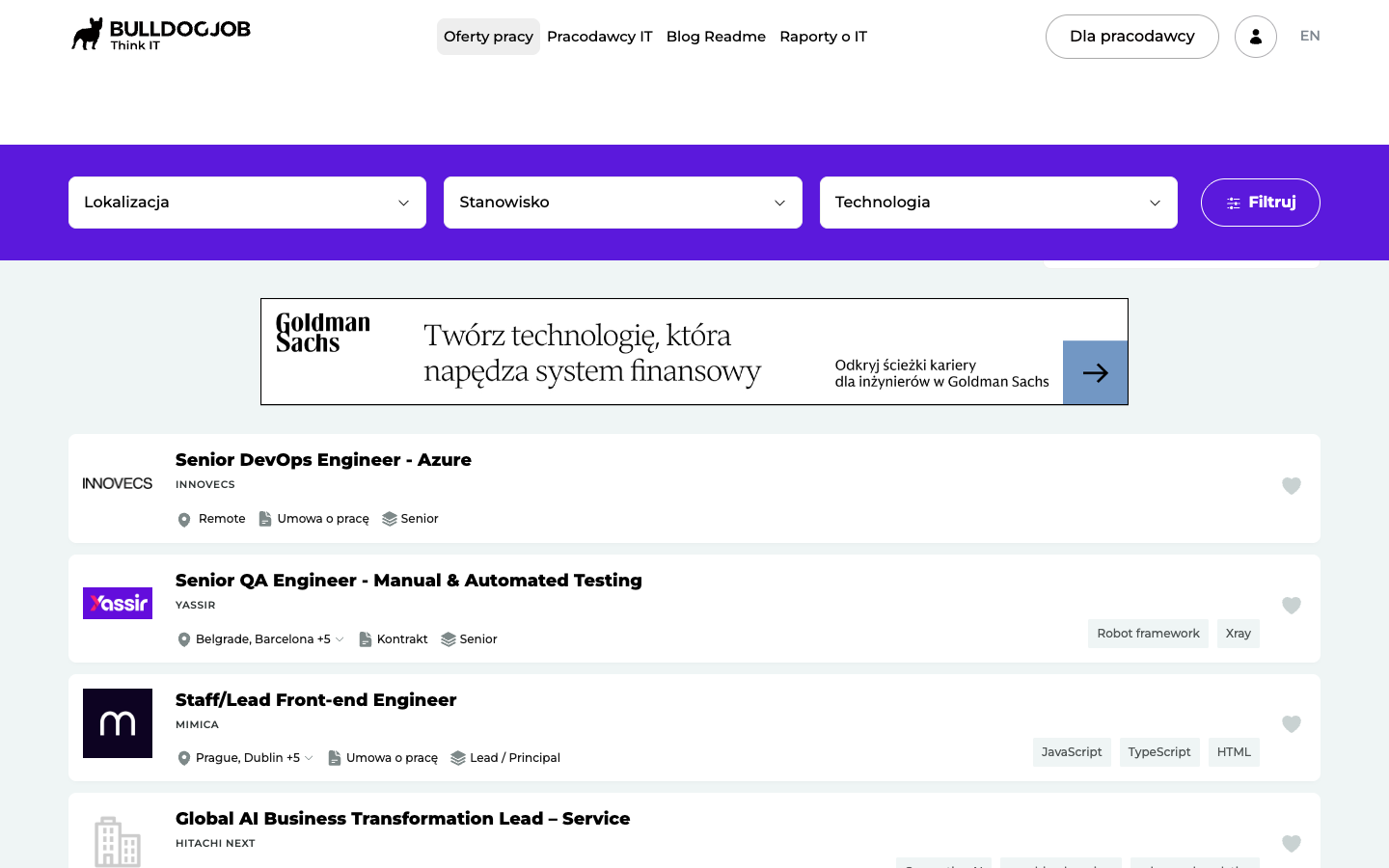 Bulldogjob IT job board showing software and technology job offers