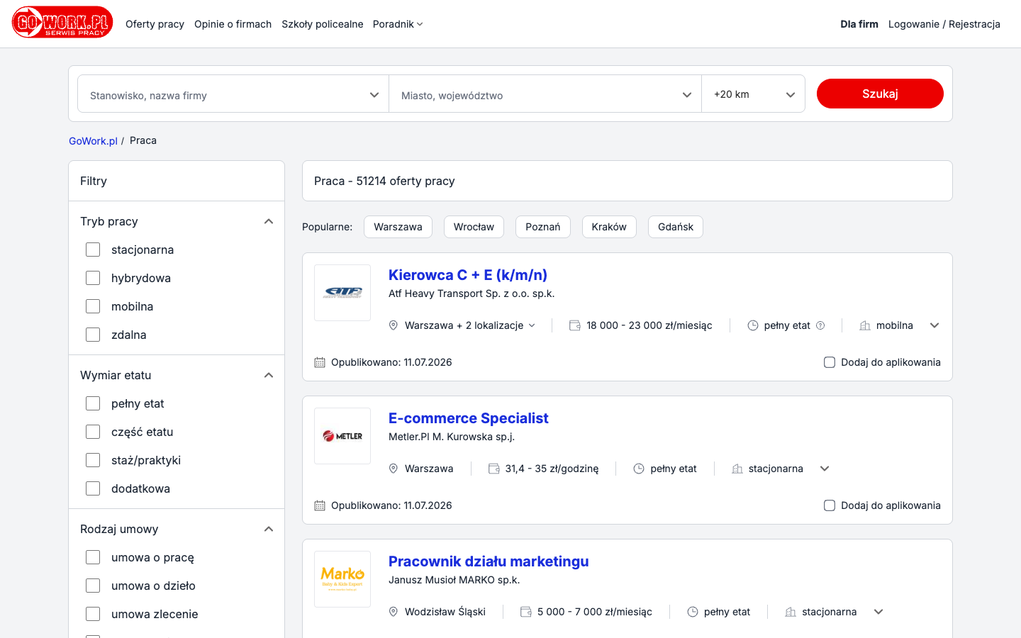 GoWork.pl job listings page with Polish vacancies and search filters
