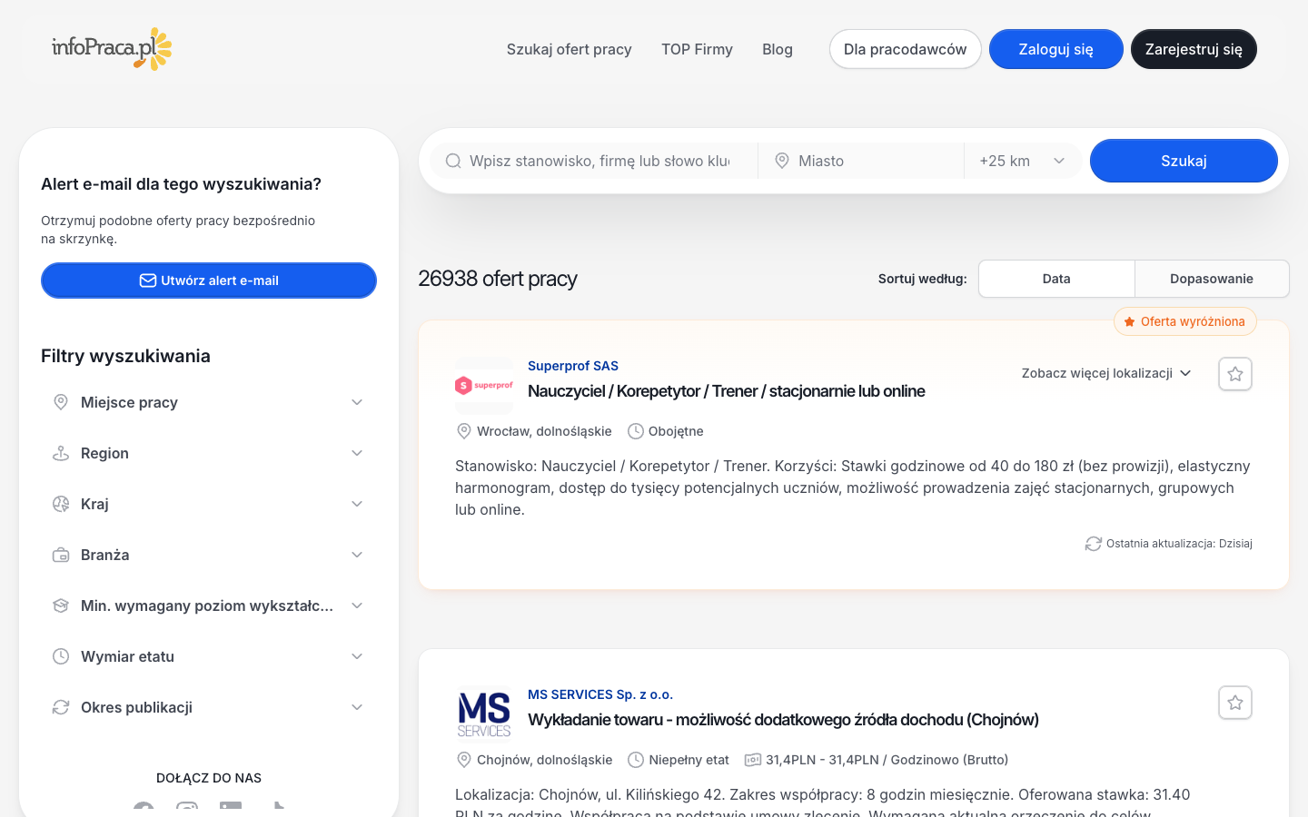 infoPraca.pl job listings page with search filters, alert signup, and current vacancies