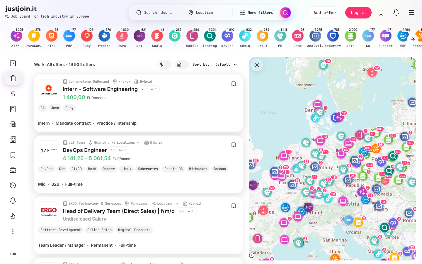 JustJoin.it job board showing IT job offers and filters