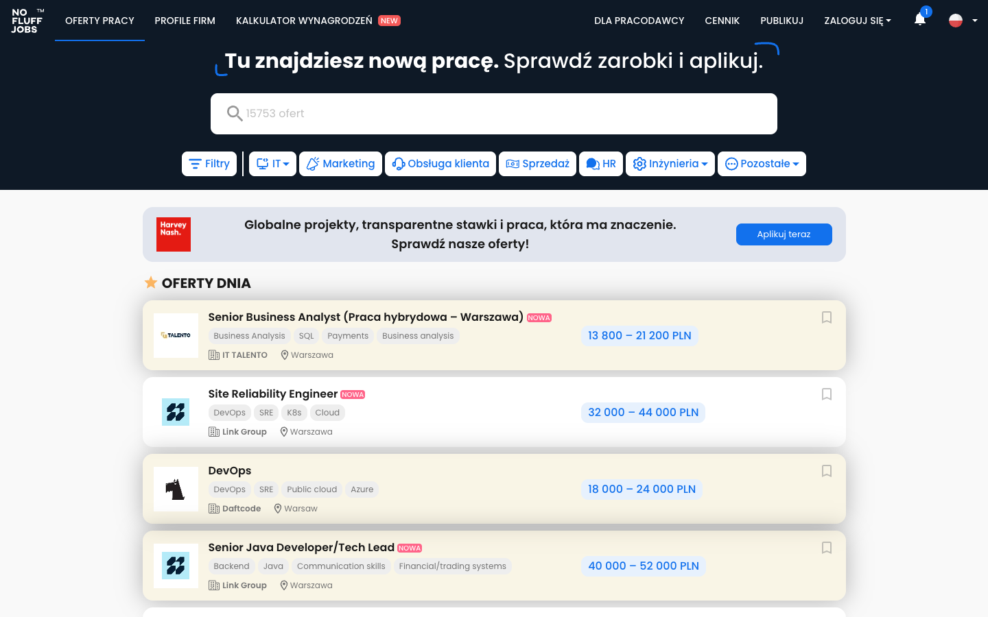 No Fluff Jobs listings page with salary-transparent tech and business roles