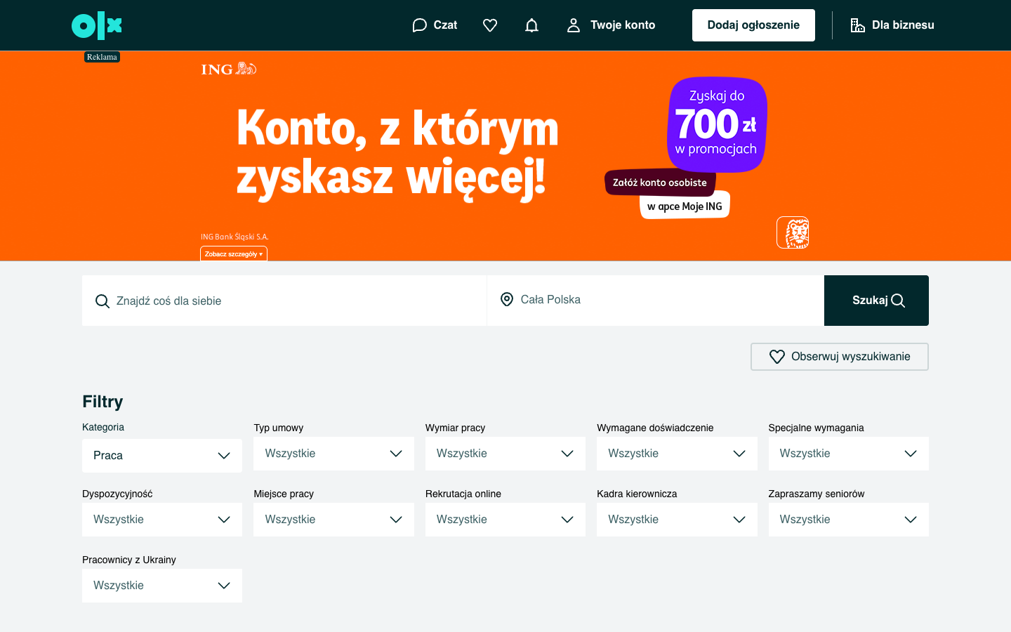 OLX Praca job search page with category filters and national location search