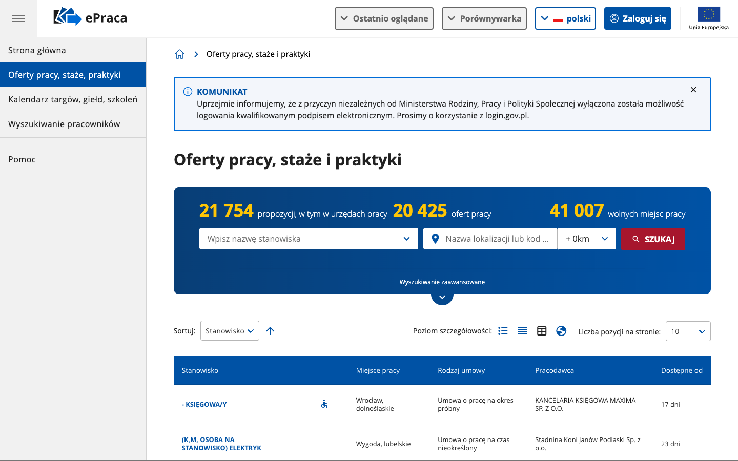 ePraca praca.gov.pl public employment job offers page with official job counts and filters