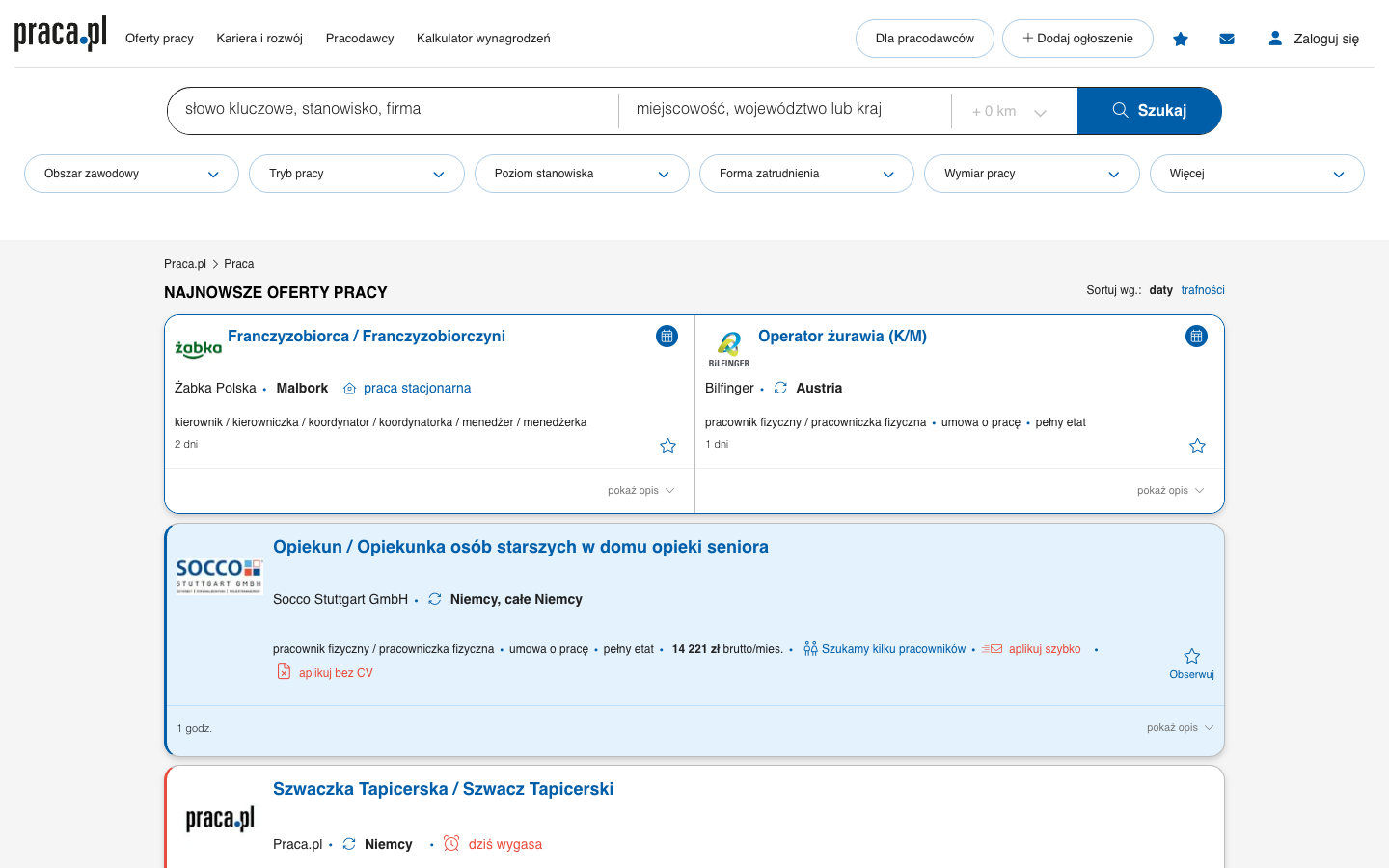 Praca.pl job listings page with keyword search, location search, and Polish vacancies