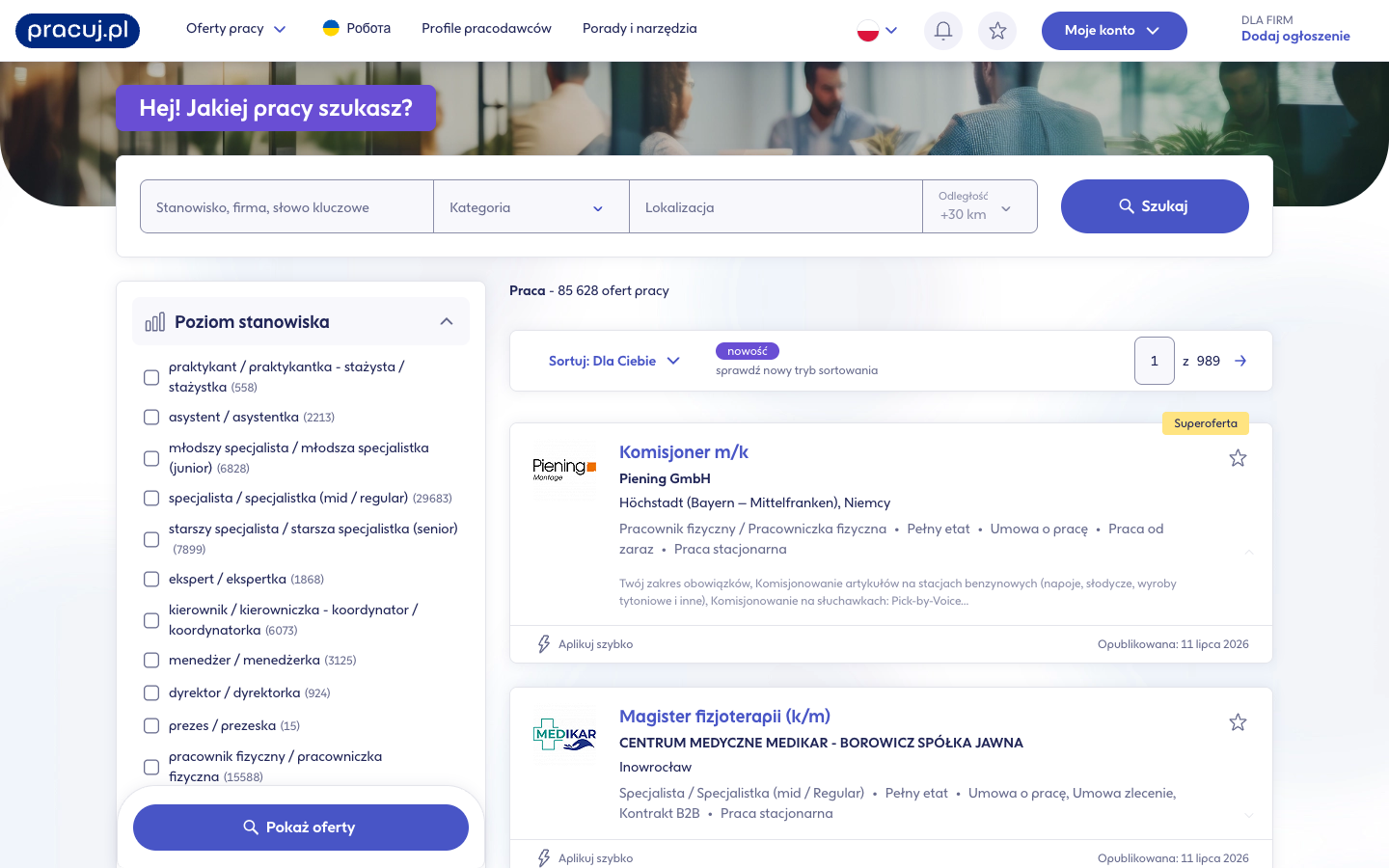 Pracuj.pl job search results page with filters and live job listings