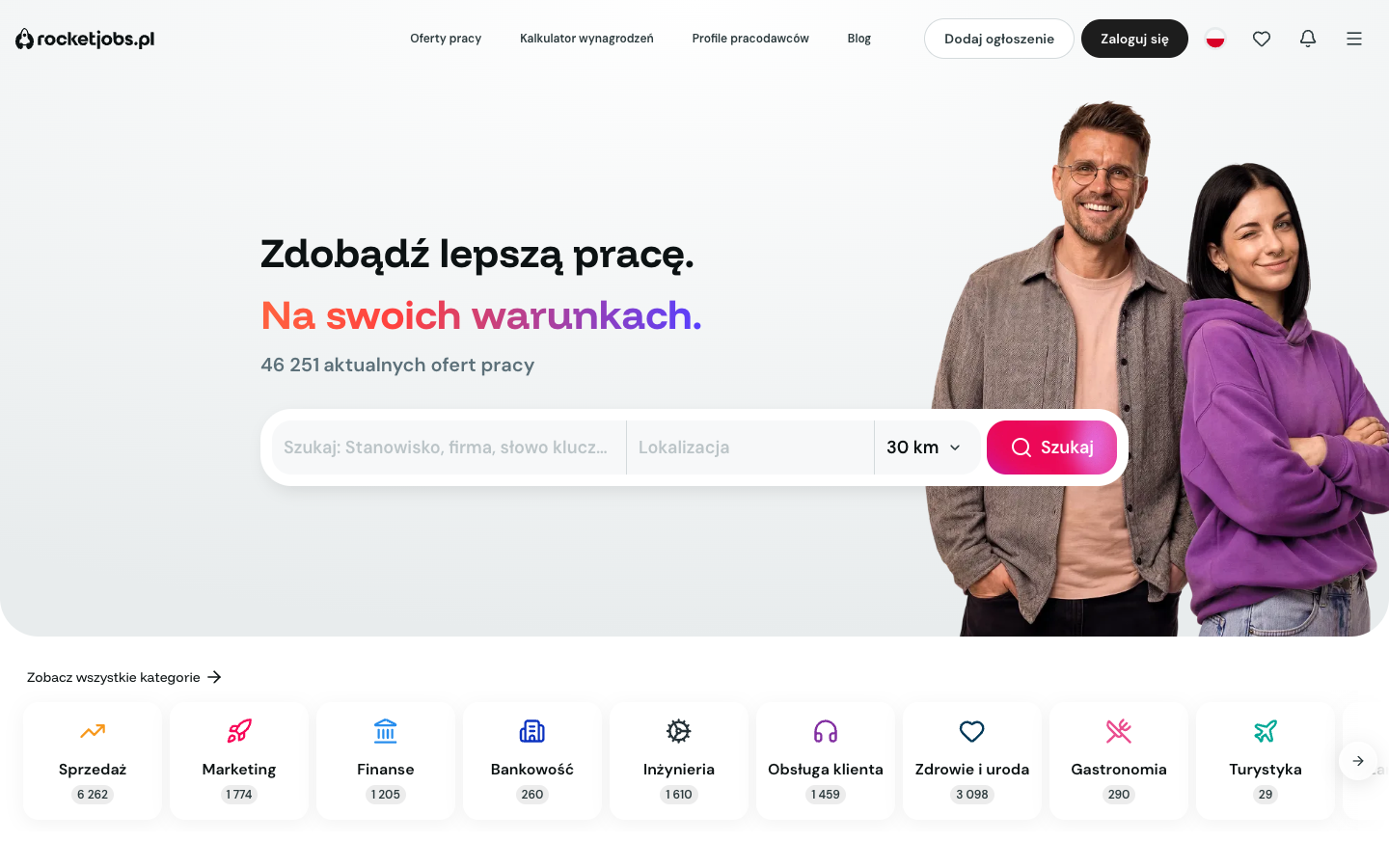 Rocket Jobs job portal homepage with search and Polish job categories