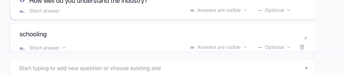 Profile fields page showing the Start typing to add new question control
