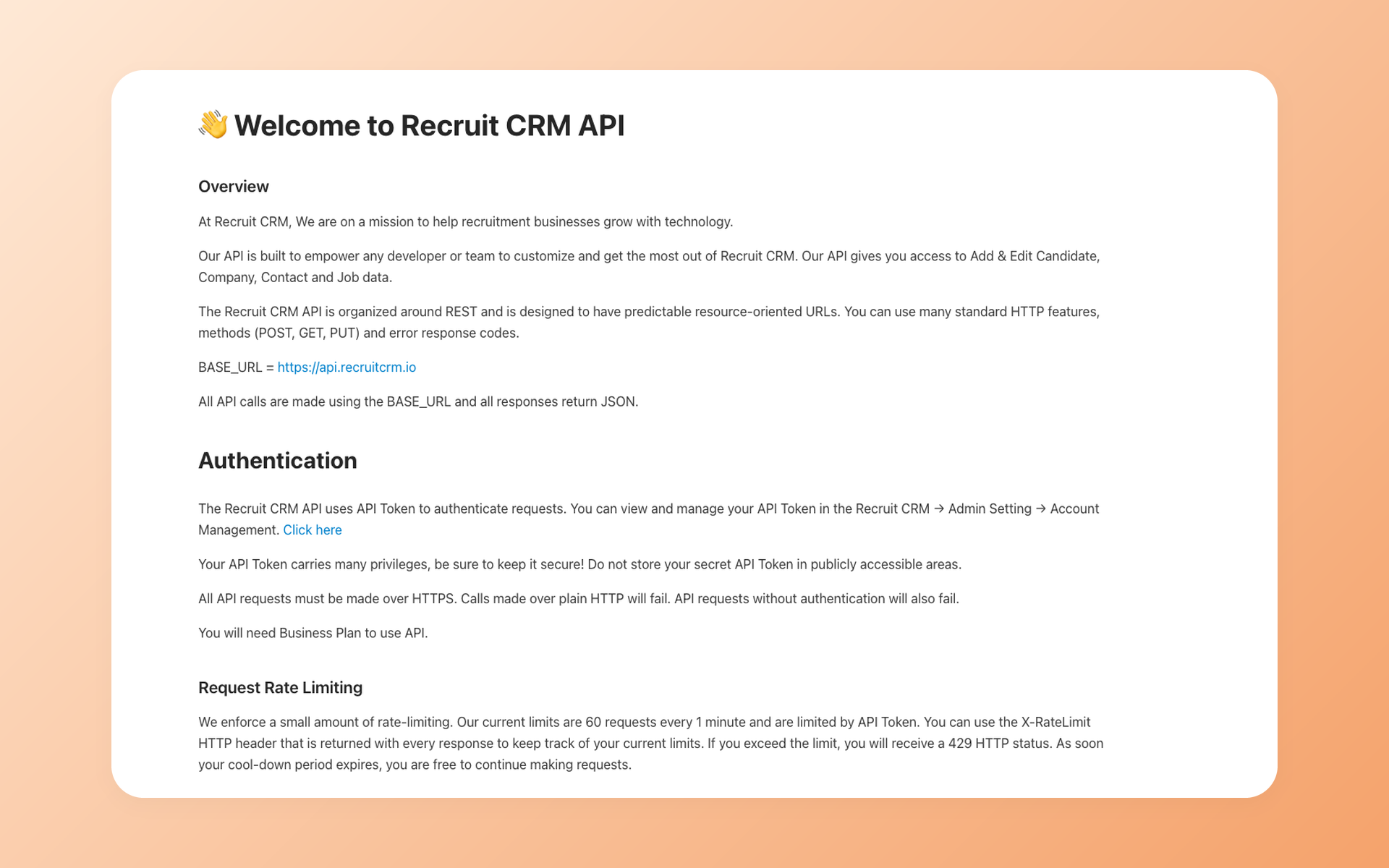 Recruit CRM API documentation showing the Business plan gate, authentication, base URL, and token rate limit