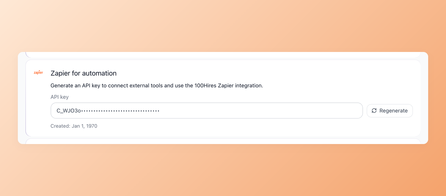 100Hires Zapier for automation card with a self-serve API key in Settings and Integrations