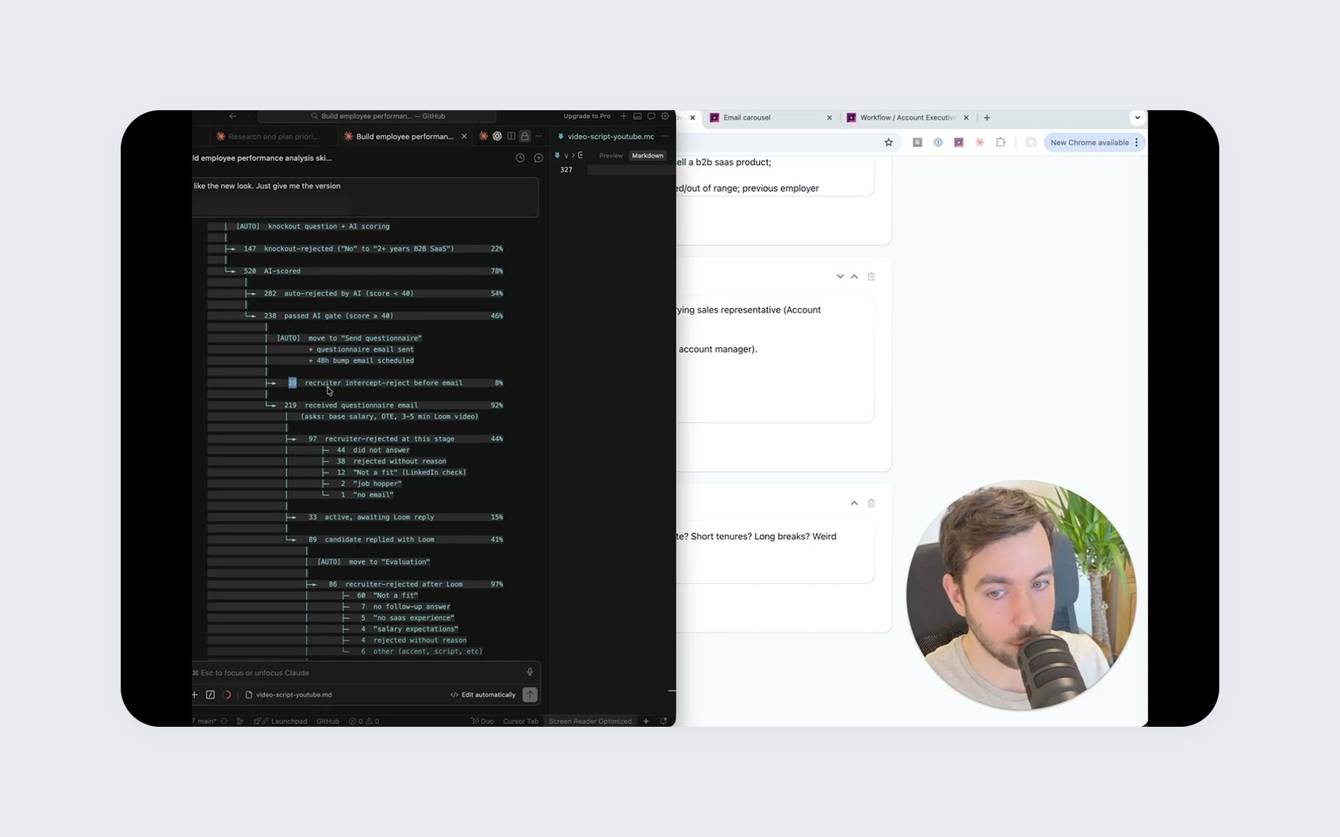 Frame from the 100Hires hiring funnel audit session showing the funnel diagram and the presenter webcam