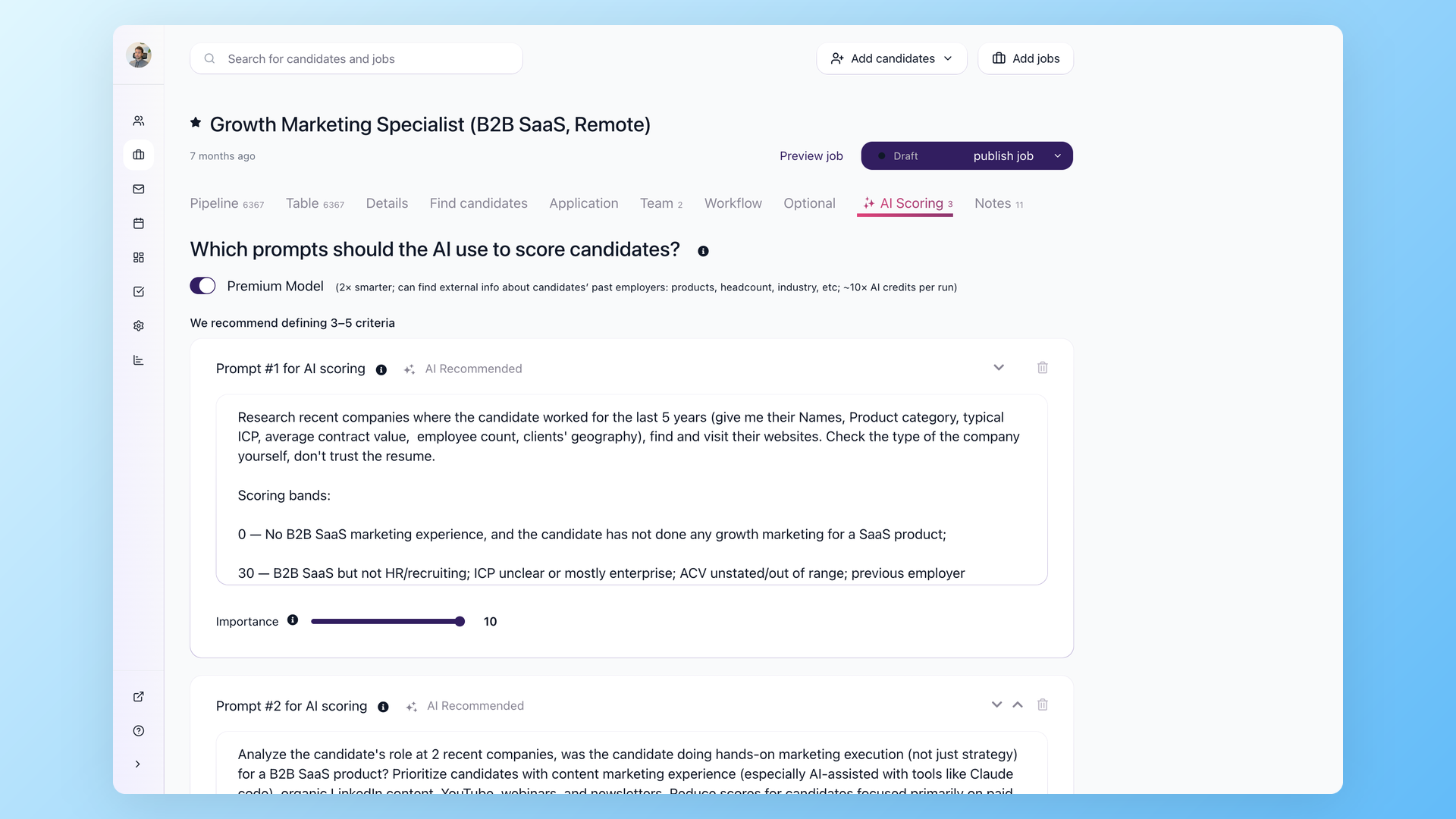 100Hires AI scoring setup showing custom criteria prompts and scoring bands used to screen candidates