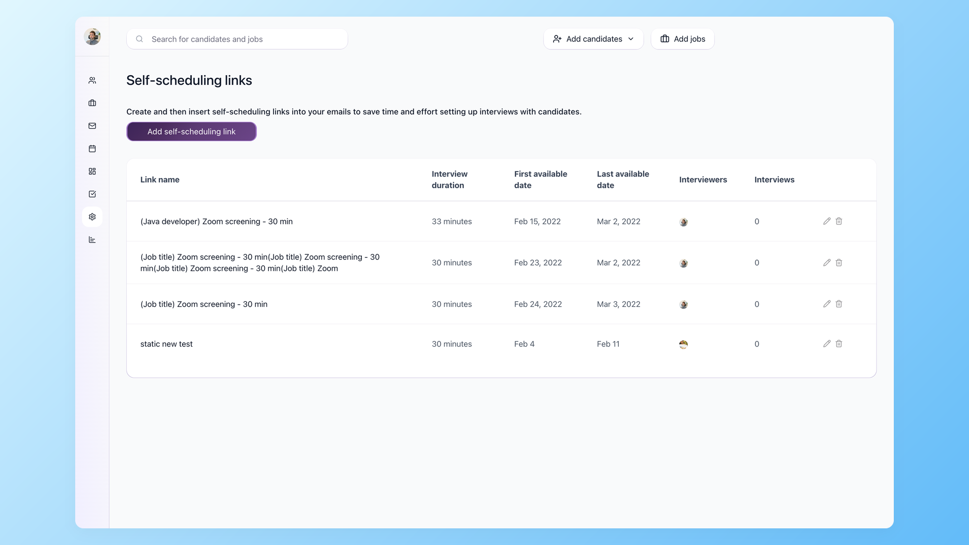 Self-scheduling links in 100Hires that let retail candidates book their own interview slots