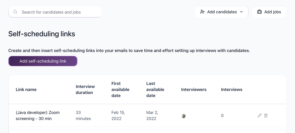 Self-scheduling links list with Add self-scheduling link button and an existing link row