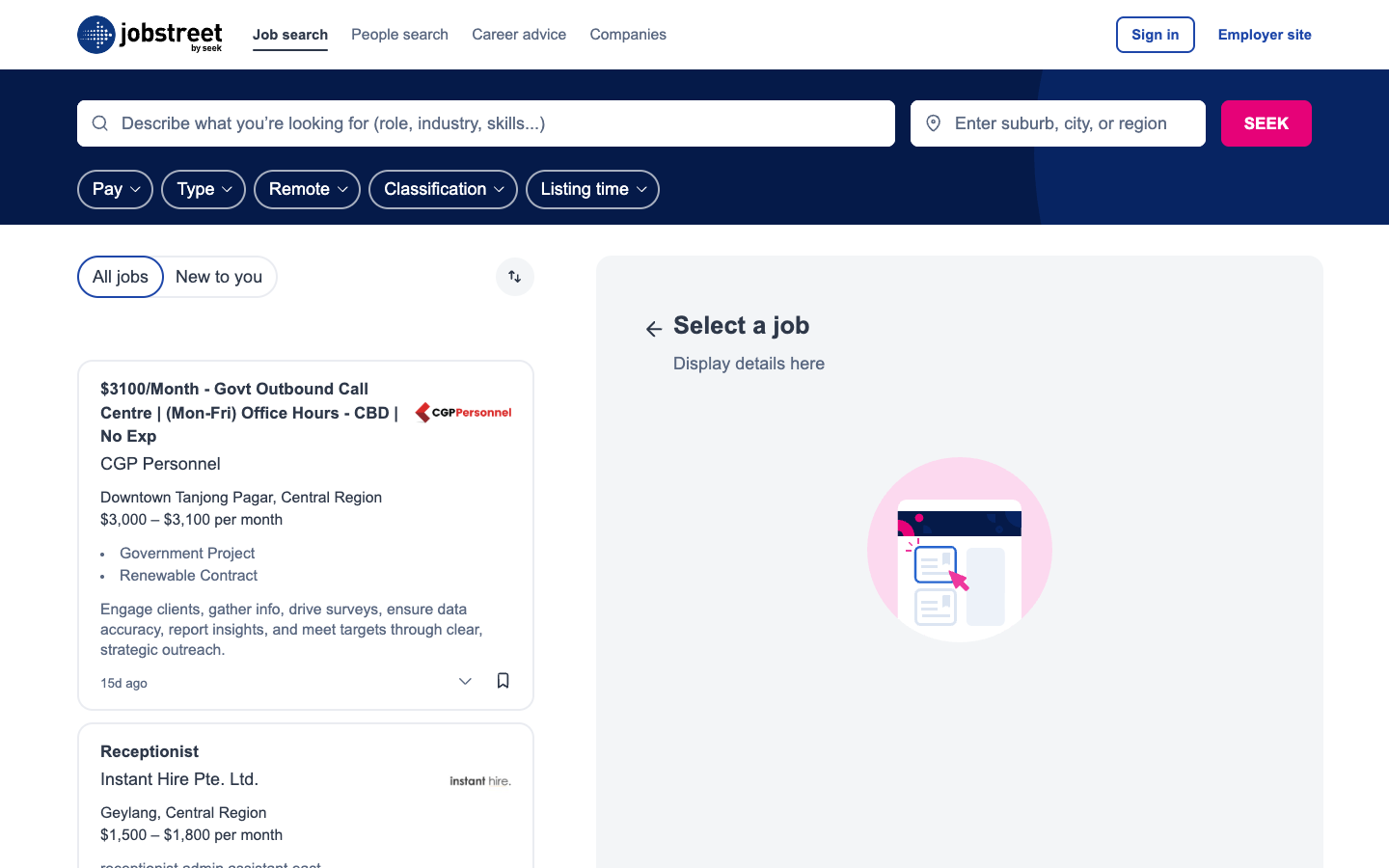 JobStreet Singapore job listings page with search filters and vacancy cards