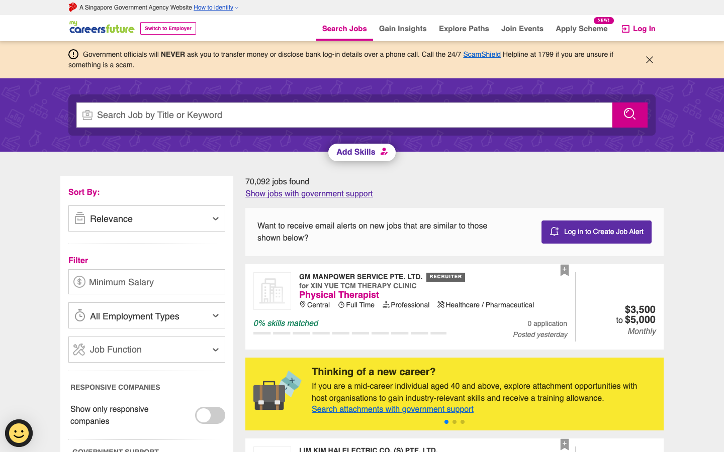 MyCareersFuture Singapore search results page with job filters and salary cards
