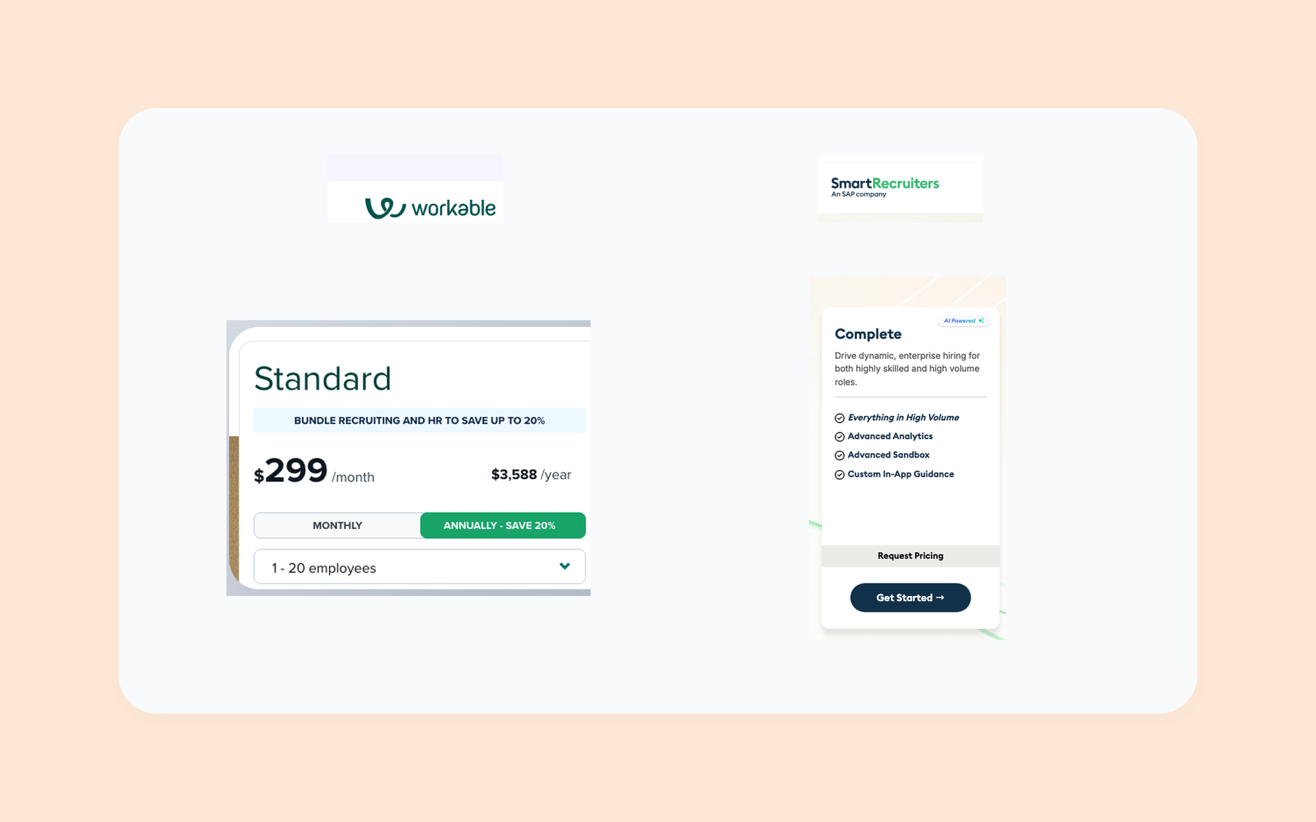 SmartRecruiters and Workable ATS comparison showing enterprise and SMB pricing paths