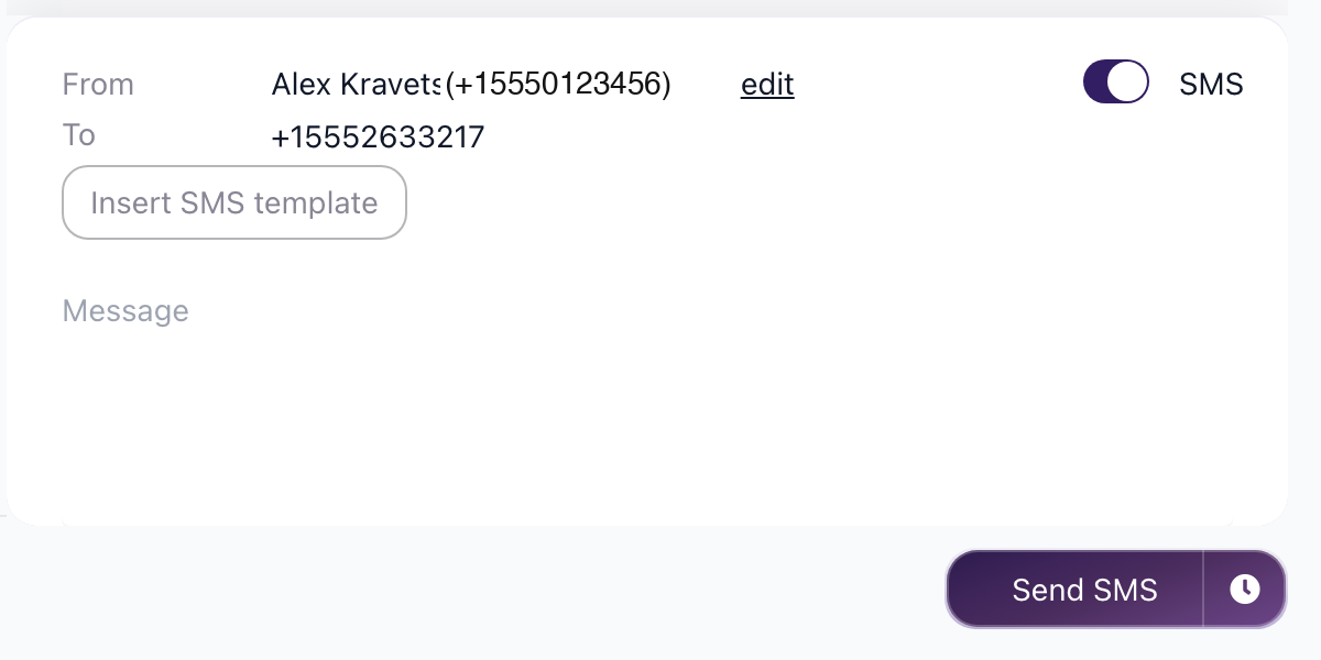 SMS composer with From and To fields, Insert SMS template button, and Send SMS button