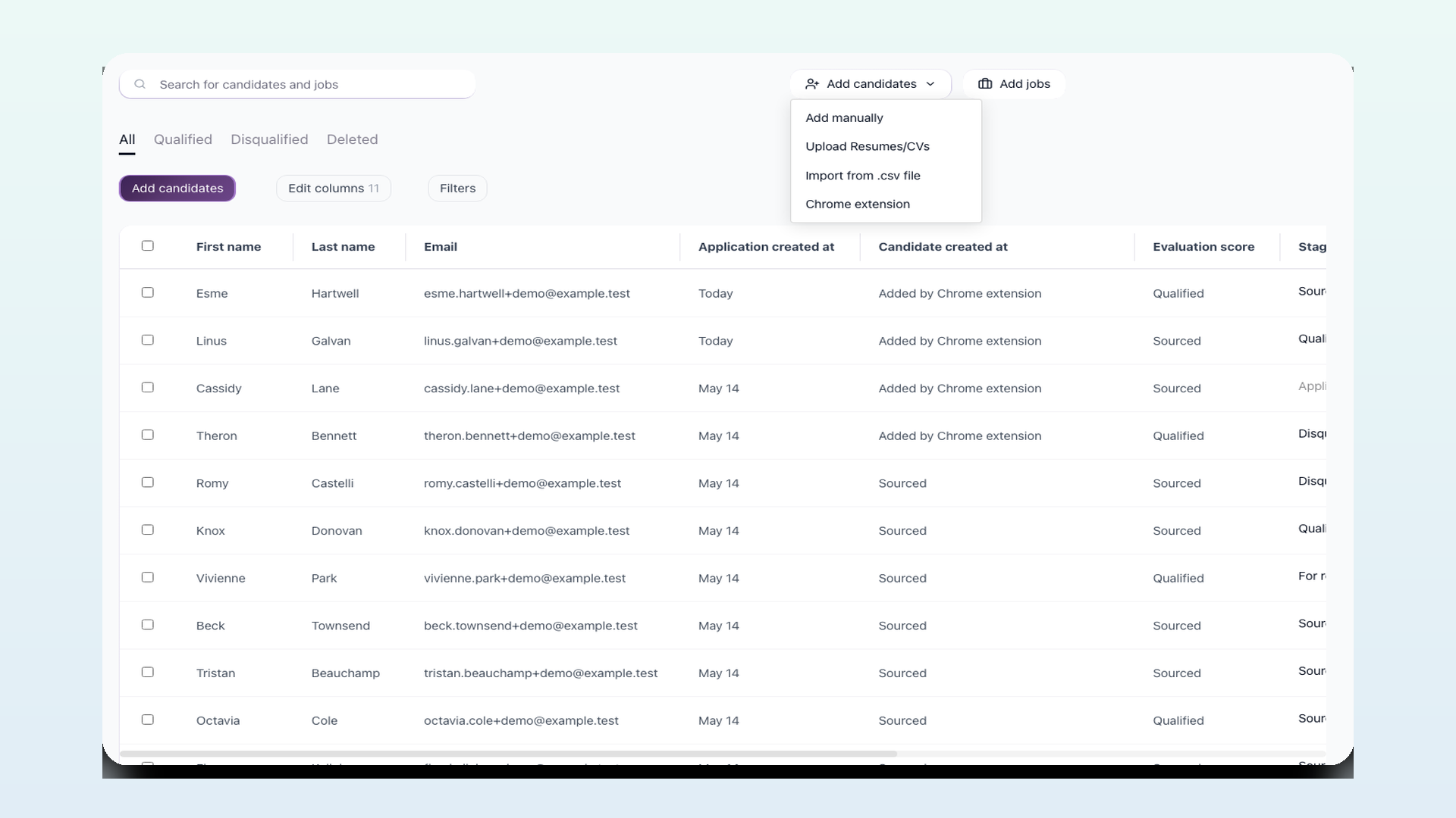 100Hires Add candidates menu with Chrome extension capture and candidates imported from social profiles