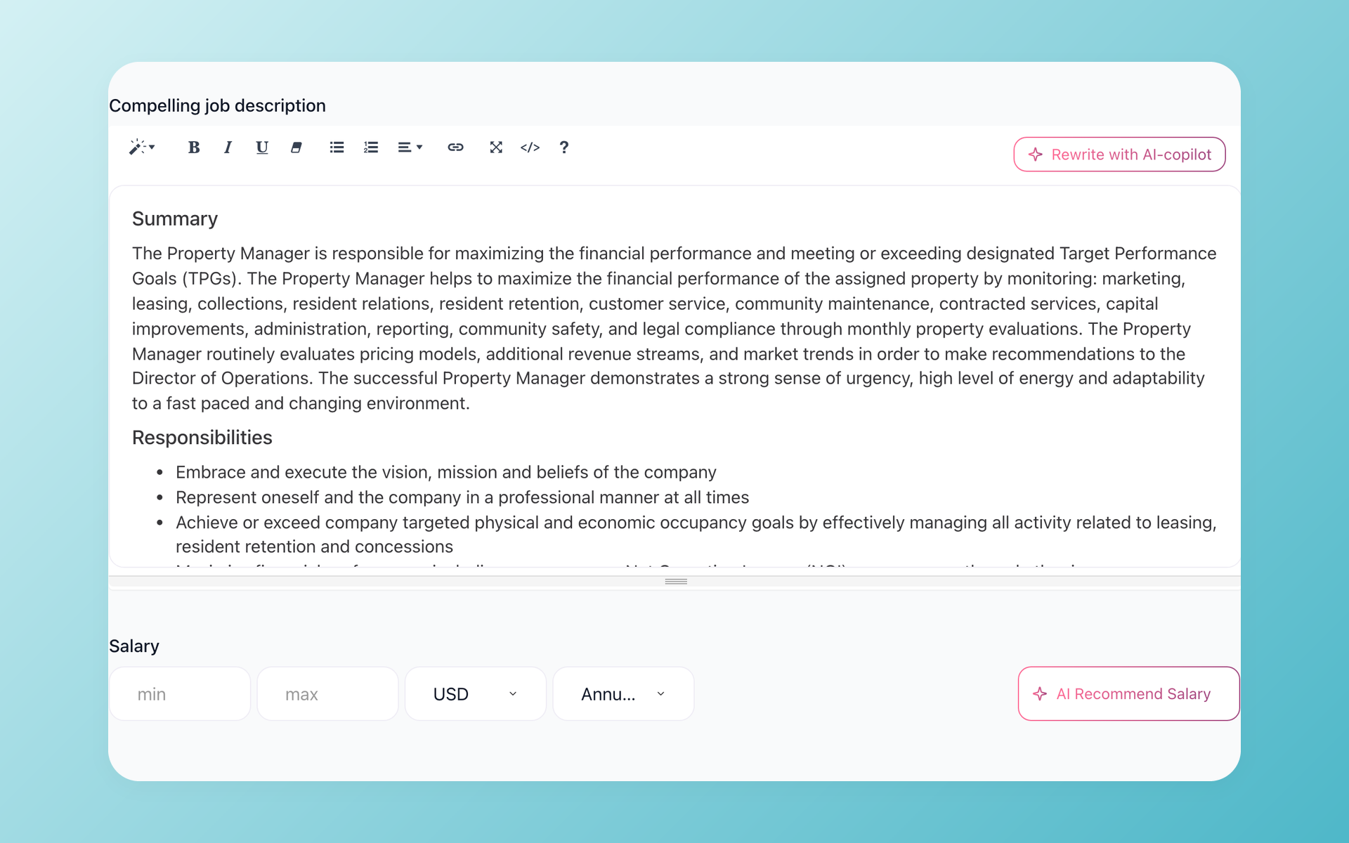 100Hires job description editor with the Rewrite with AI Copilot button