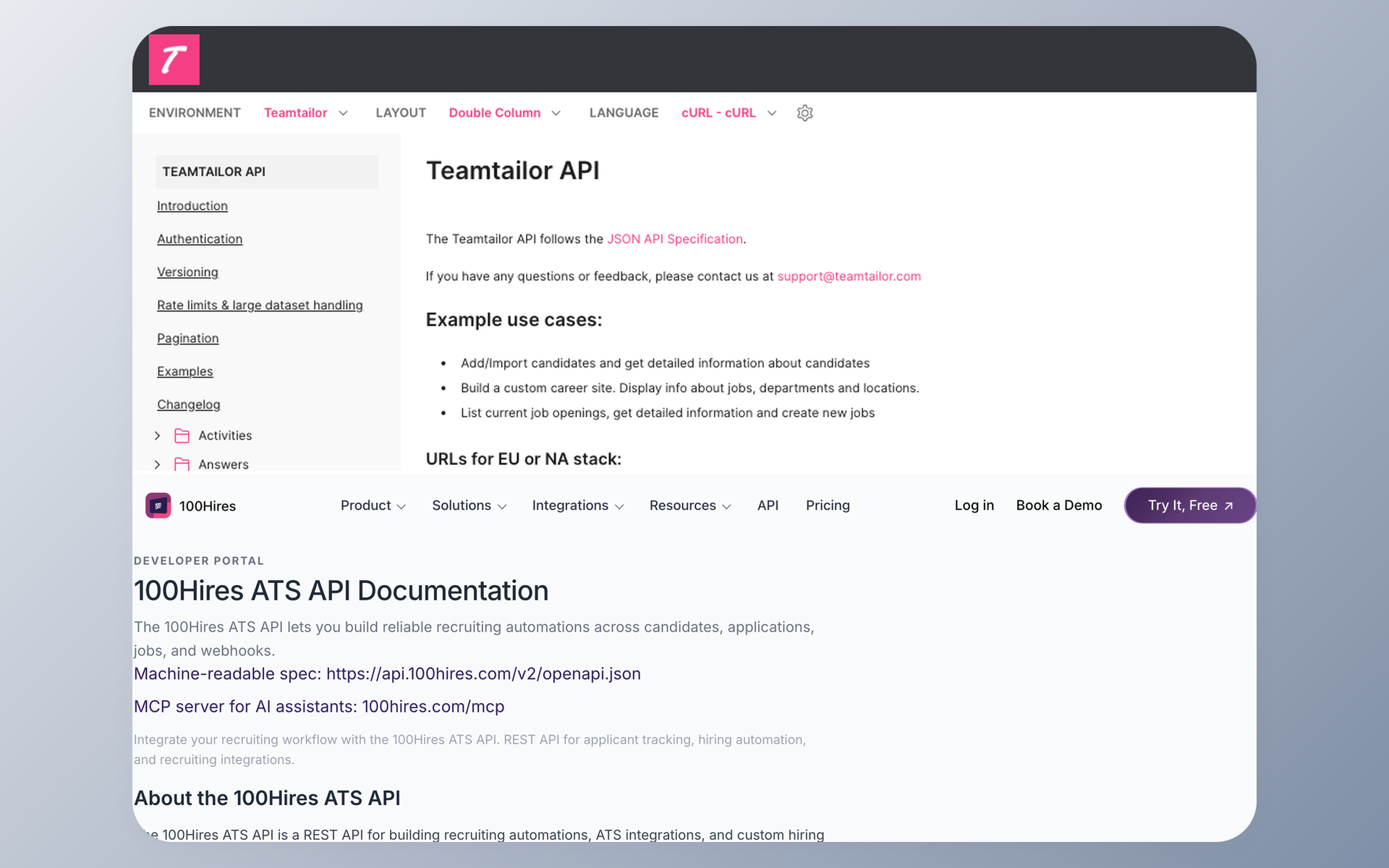 Teamtailor API documentation and 100Hires API documentation side by side