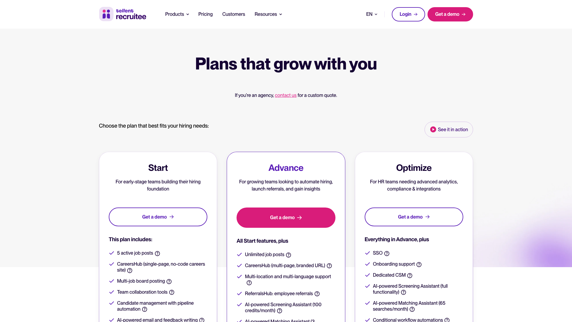Tellent Recruitee pricing page showing Start, Advance, and Optimize plans