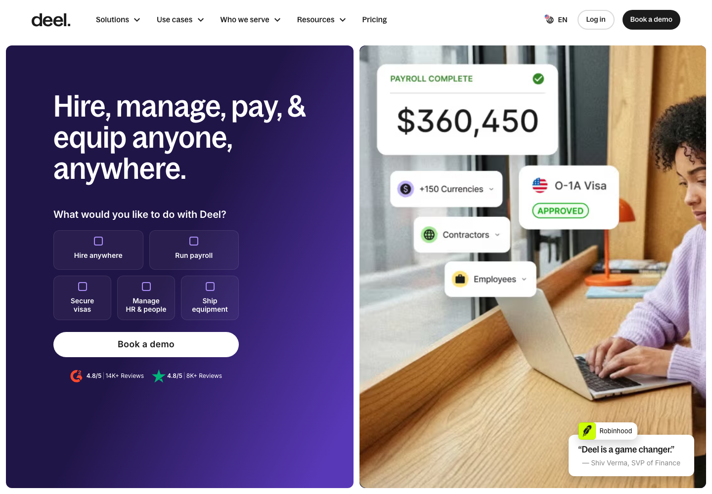 Deel global hiring platform homepage