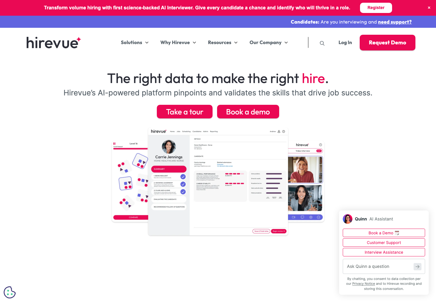 HireVue AI interviewing homepage
