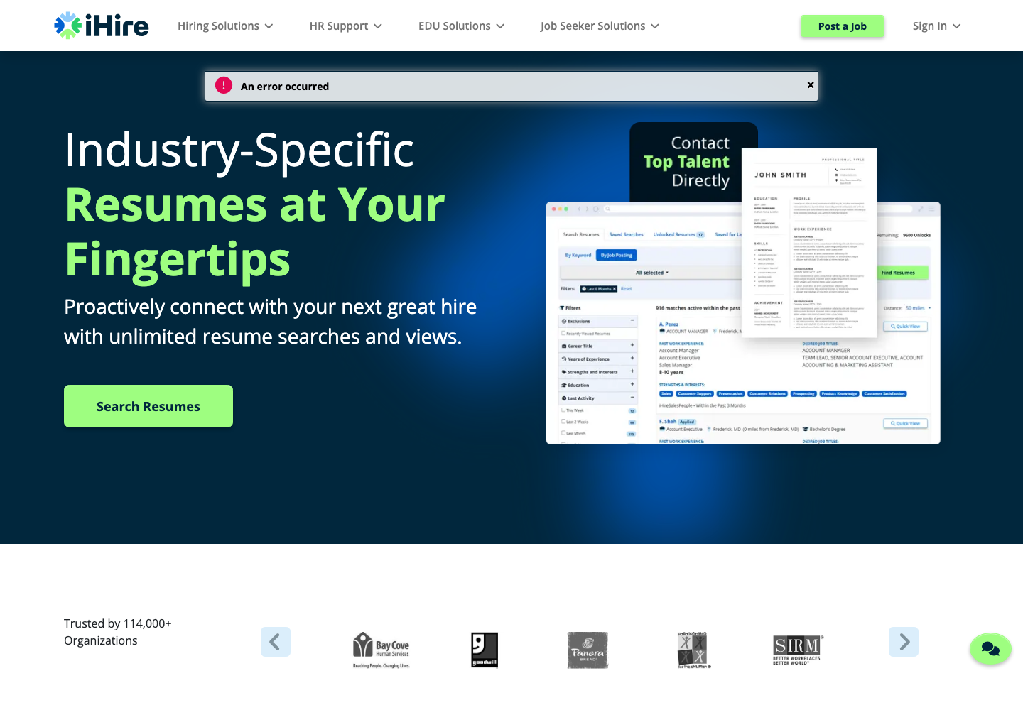 iHire resume search employer page