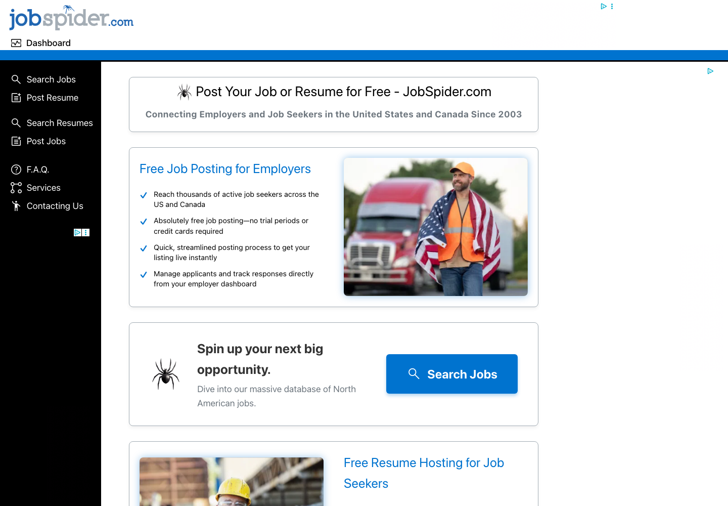 JobSpider free job and resume posting homepage