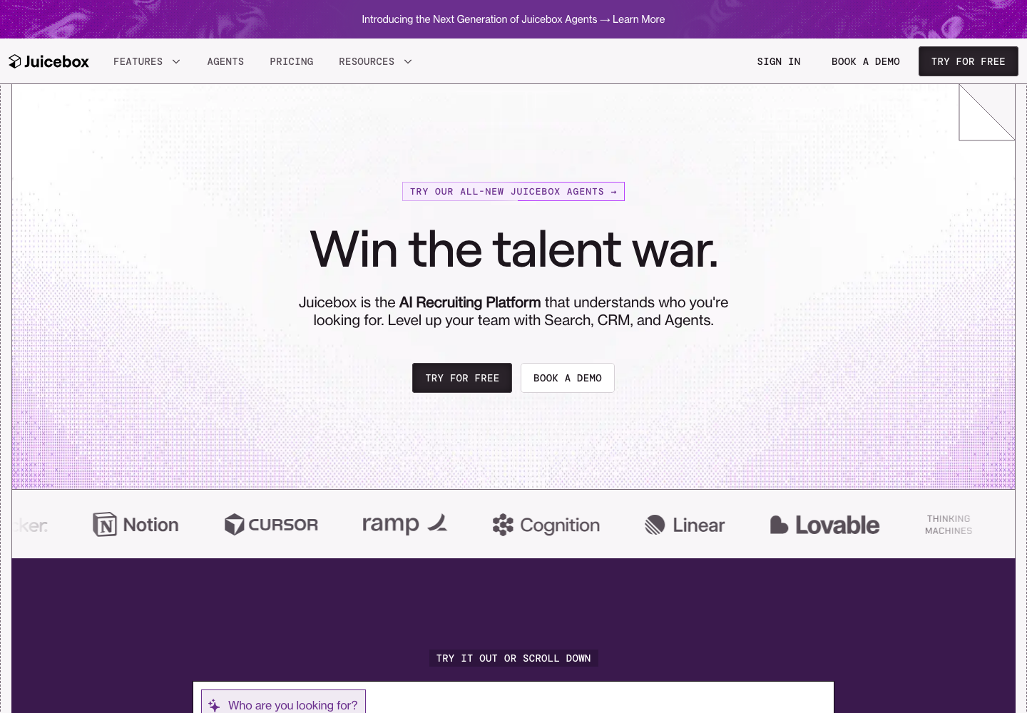 Juicebox AI sourcing platform homepage