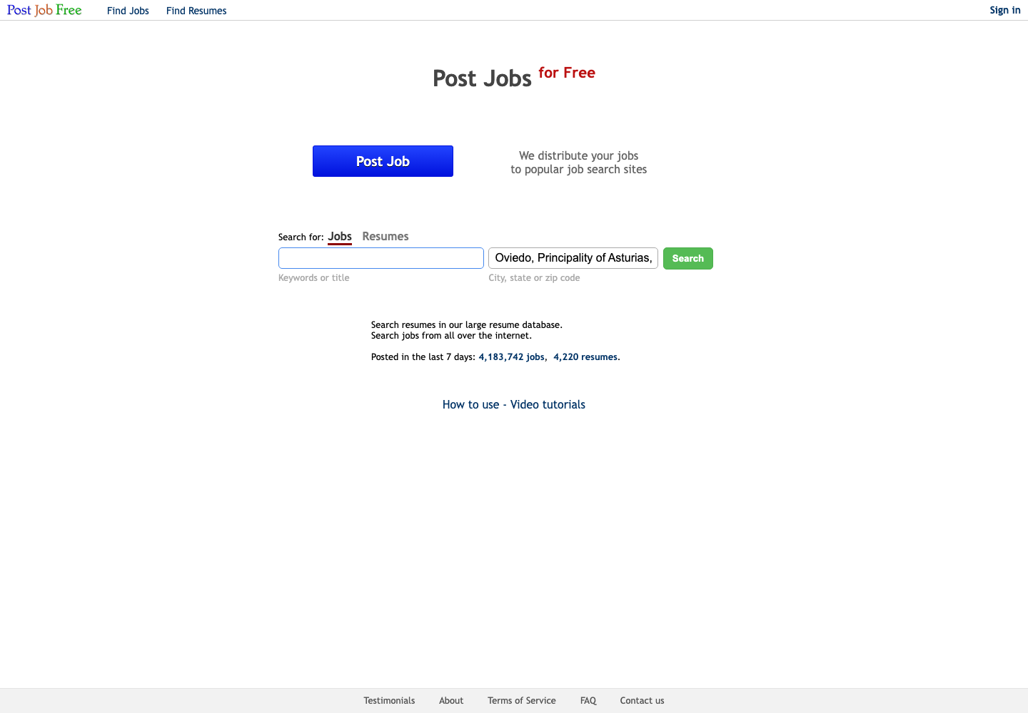 PostJobFree job posting and resume search page