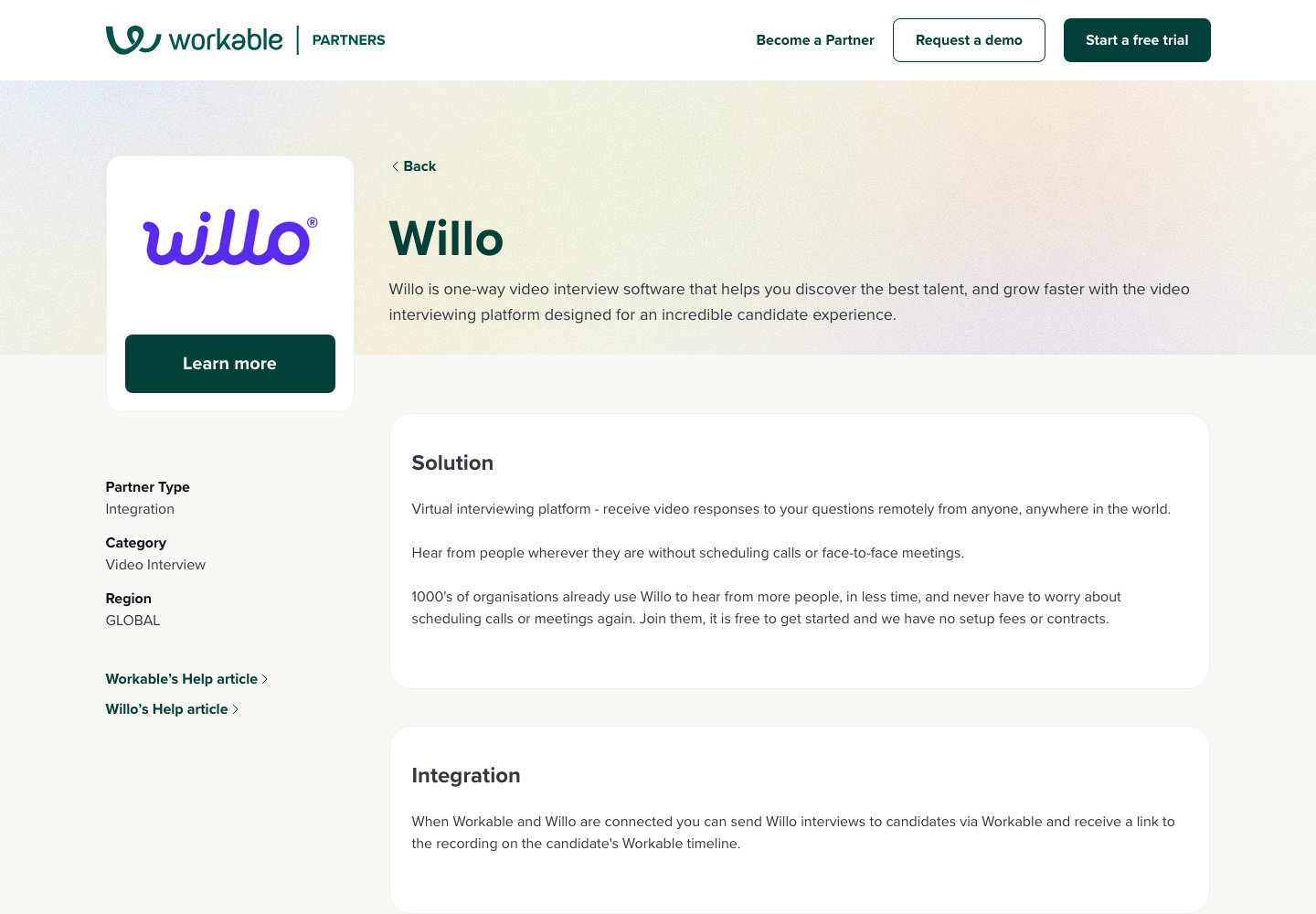 Willo one-way video interview partner page
