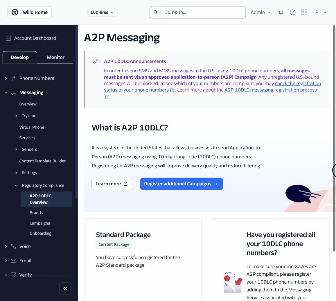 The A2P Messaging page in the Twilio Console