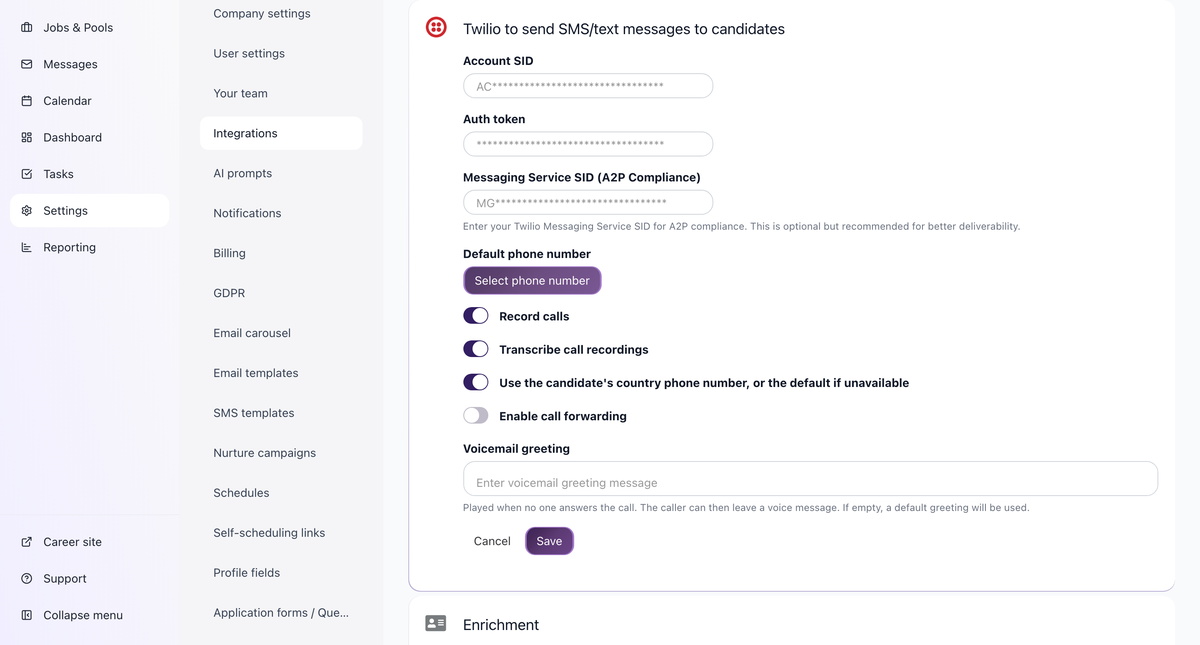 Twilio setup form with Account SID, Auth token, Messaging Service SID, and phone number fields