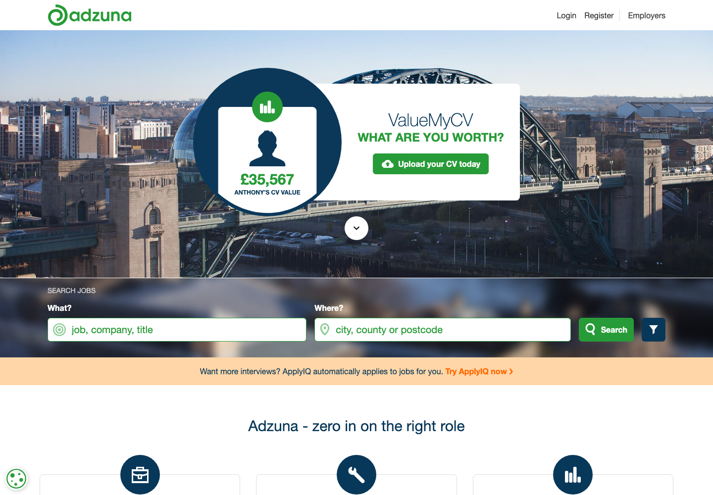 Adzuna UK job search homepage