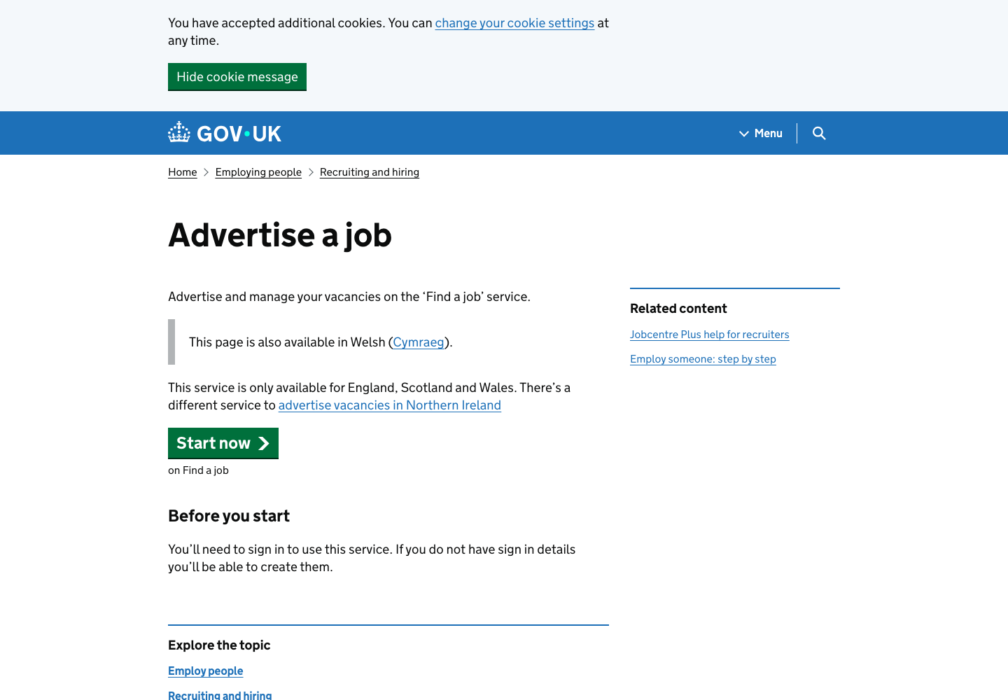 GOV.UK Advertise a job page for Find a Job service